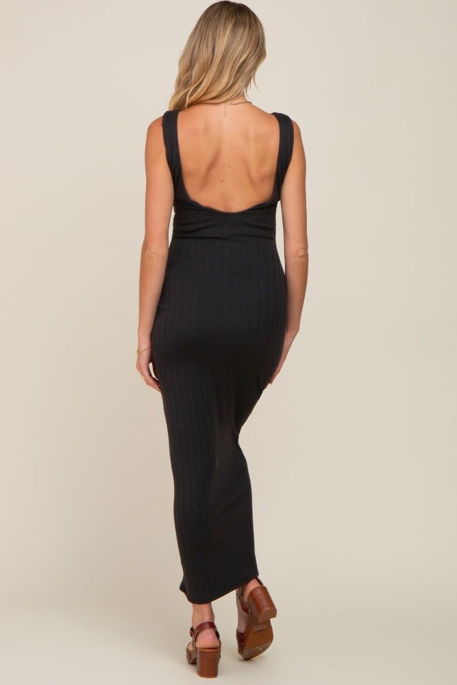 Black Ribbed Square Neck Low Scoop Back Maternity Midi Dress sold by Pinkblush product image thumbnail 3