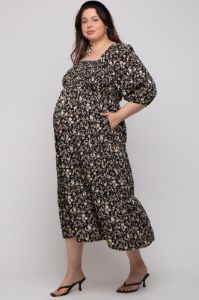 Black Floral Smocked Tiered Maternity Plus Maxi Dress sold by Pinkblush