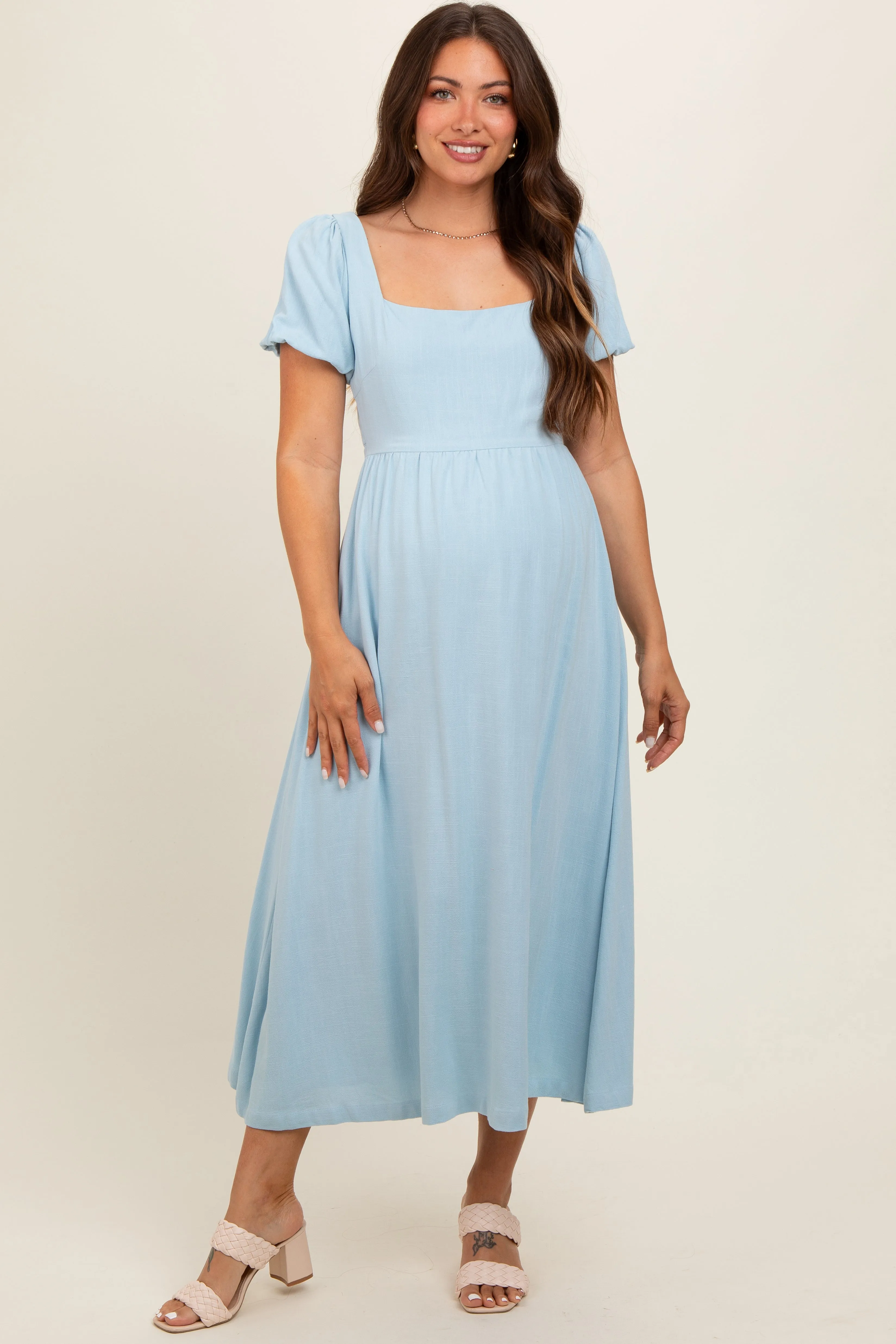 Light Blue Puff Sleeve Linen Maternity Midi Dress sold by Pinkblush product image thumbnail 2