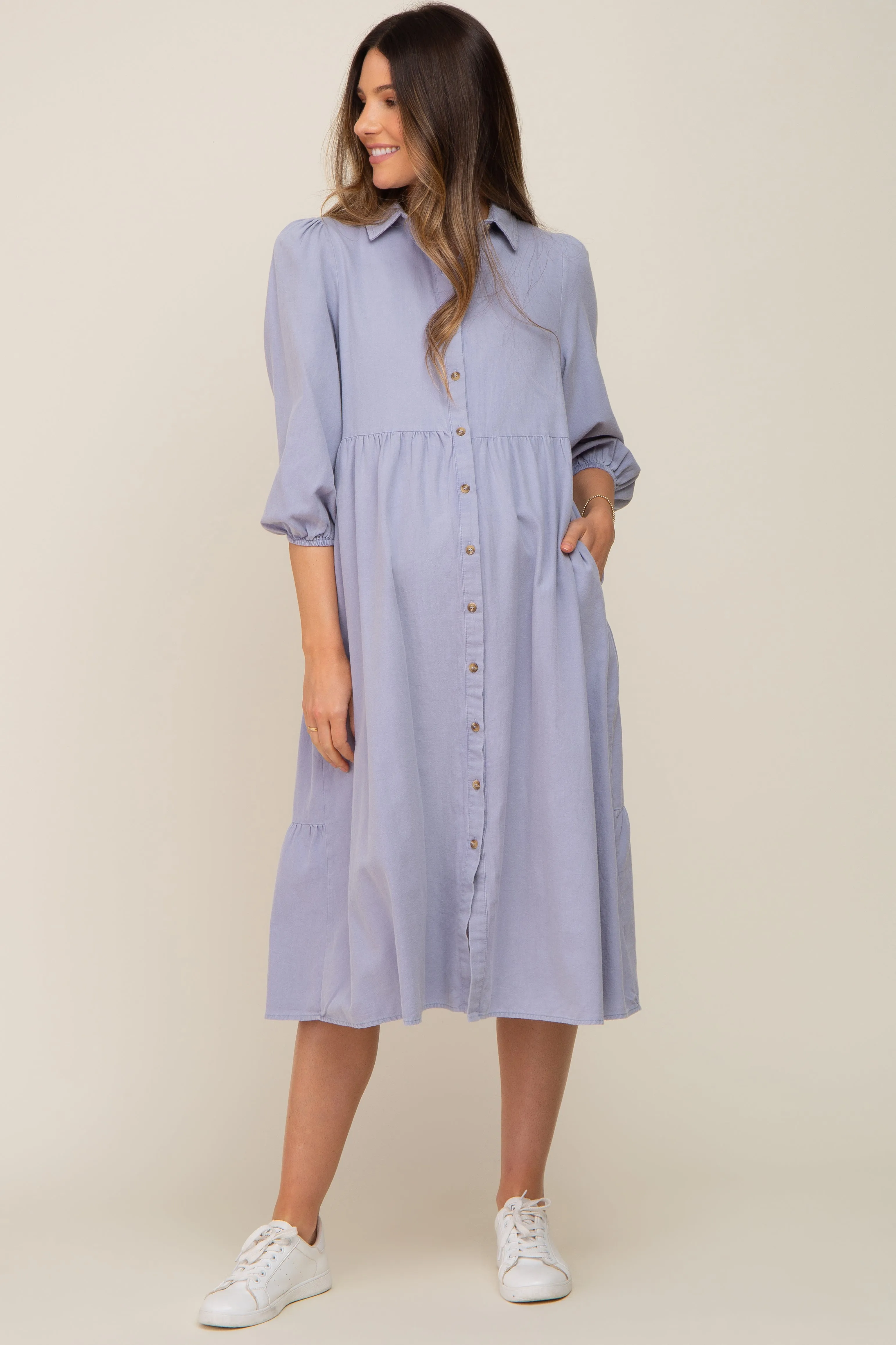 Light Blue Chambray Button Front Maternity Dress sold by Pinkblush product image thumbnail 4