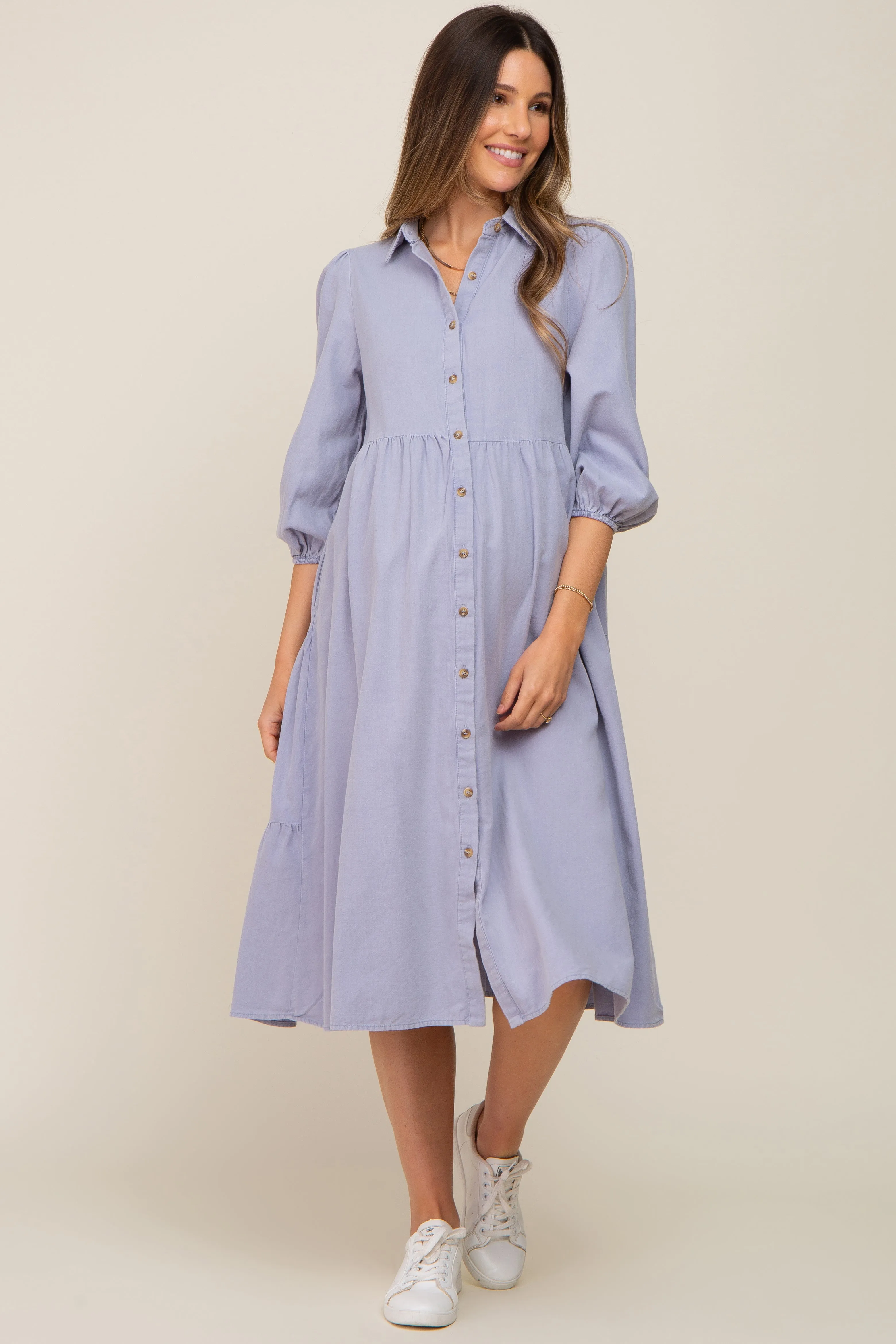 Light Blue Chambray Button Front Maternity Dress sold by Pinkblush