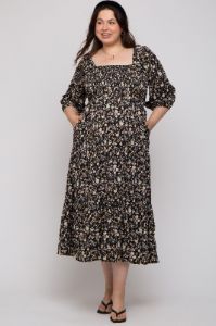 Black Floral Smocked Tiered Maternity Plus Maxi Dress sold by Pinkblush