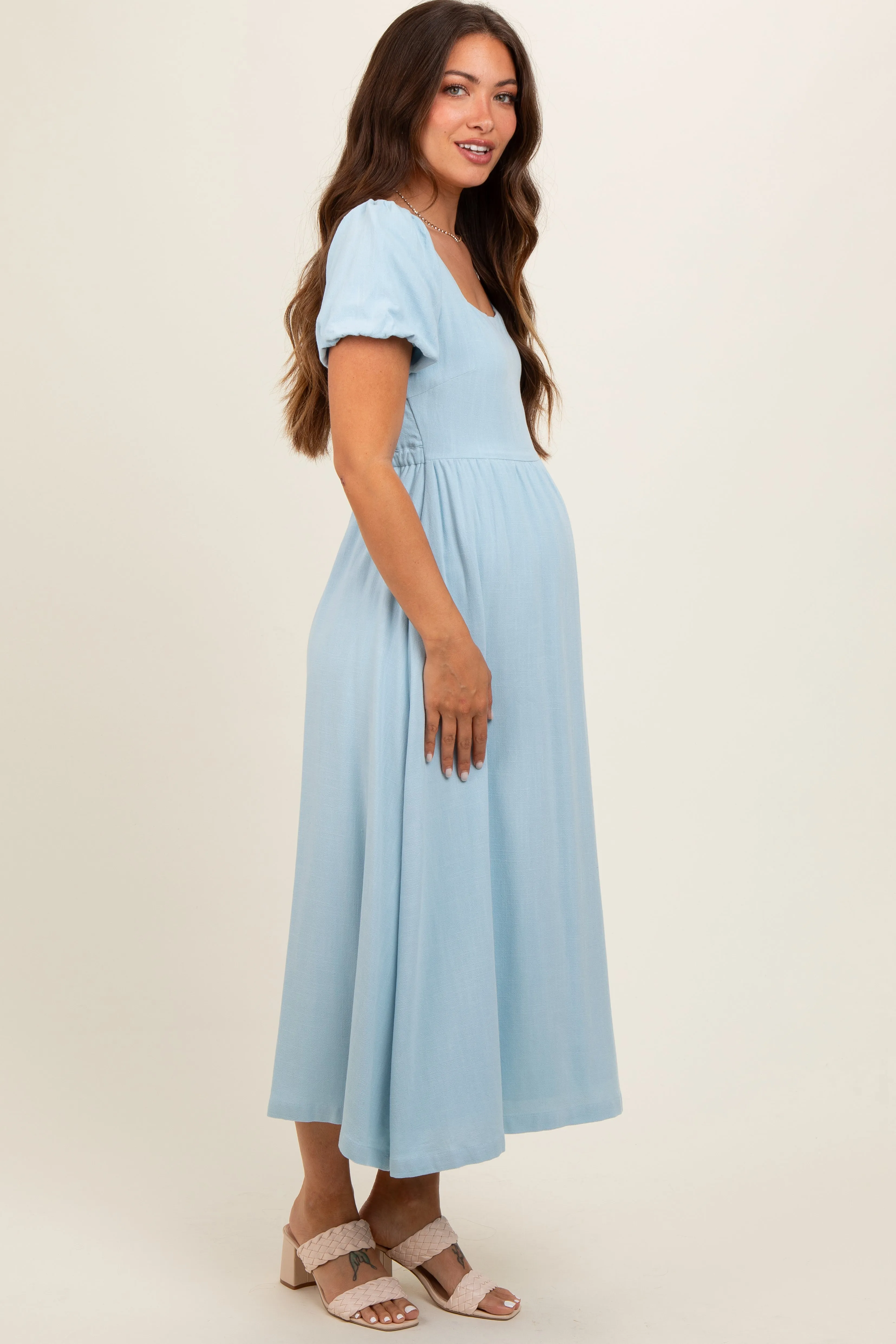Light Blue Puff Sleeve Linen Maternity Midi Dress sold by Pinkblush product image thumbnail 3