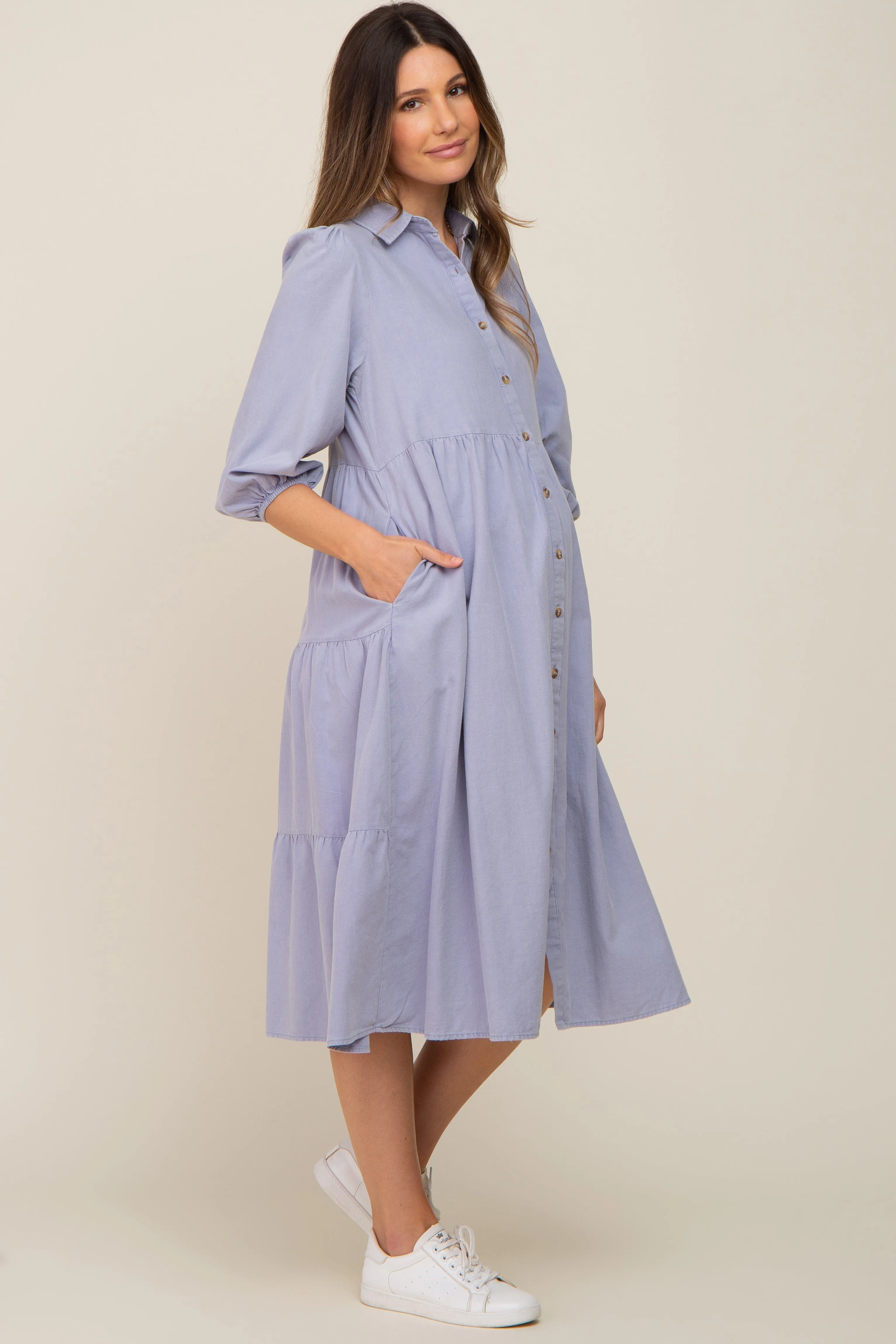 Light Blue Chambray Button Front Maternity Dress sold by Pinkblush product image thumbnail 2