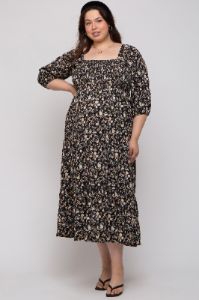 Black Floral Smocked Tiered Maternity Plus Maxi Dress sold by Pinkblush