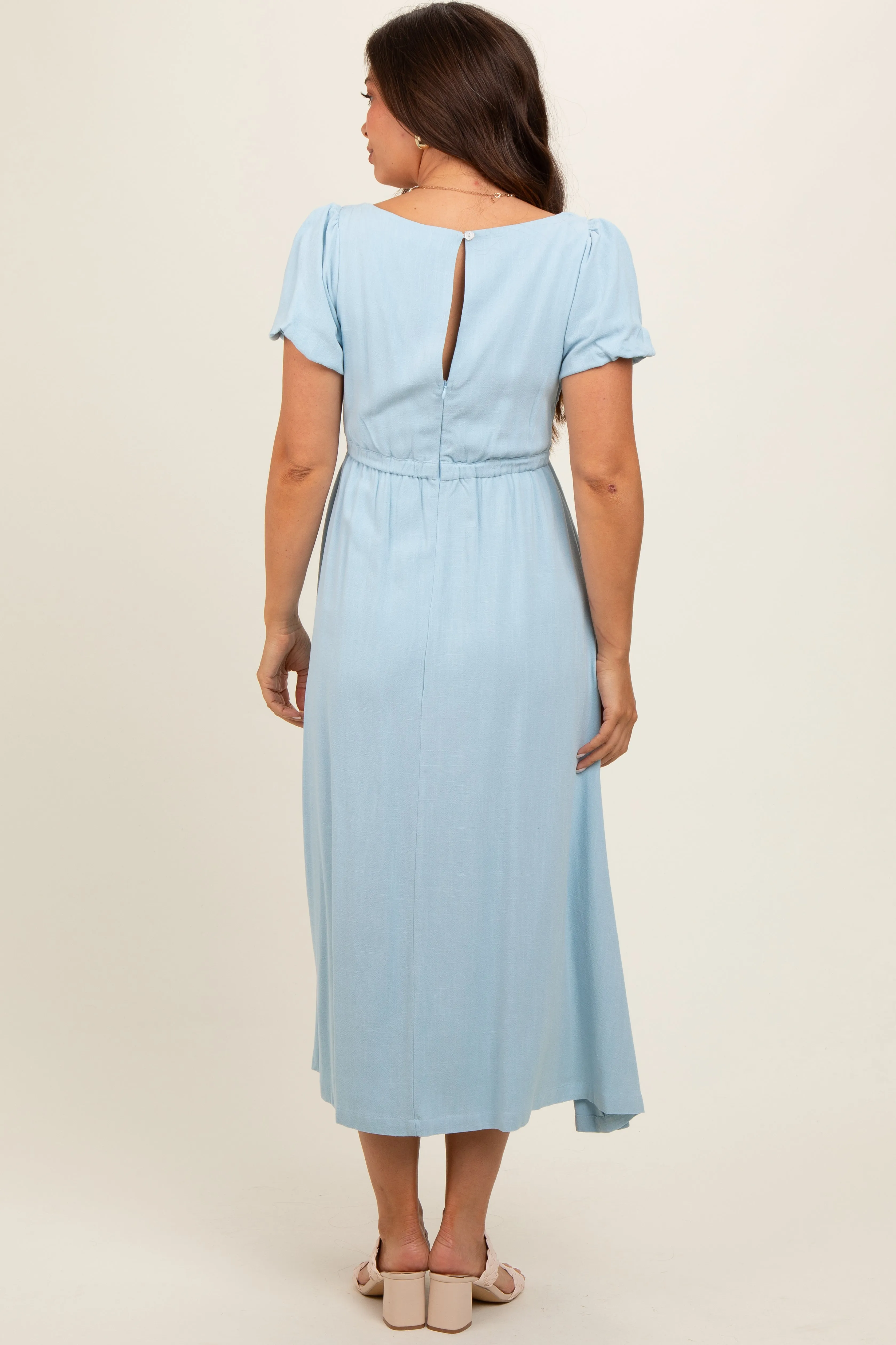 Light Blue Puff Sleeve Linen Maternity Midi Dress sold by Pinkblush product image thumbnail 4