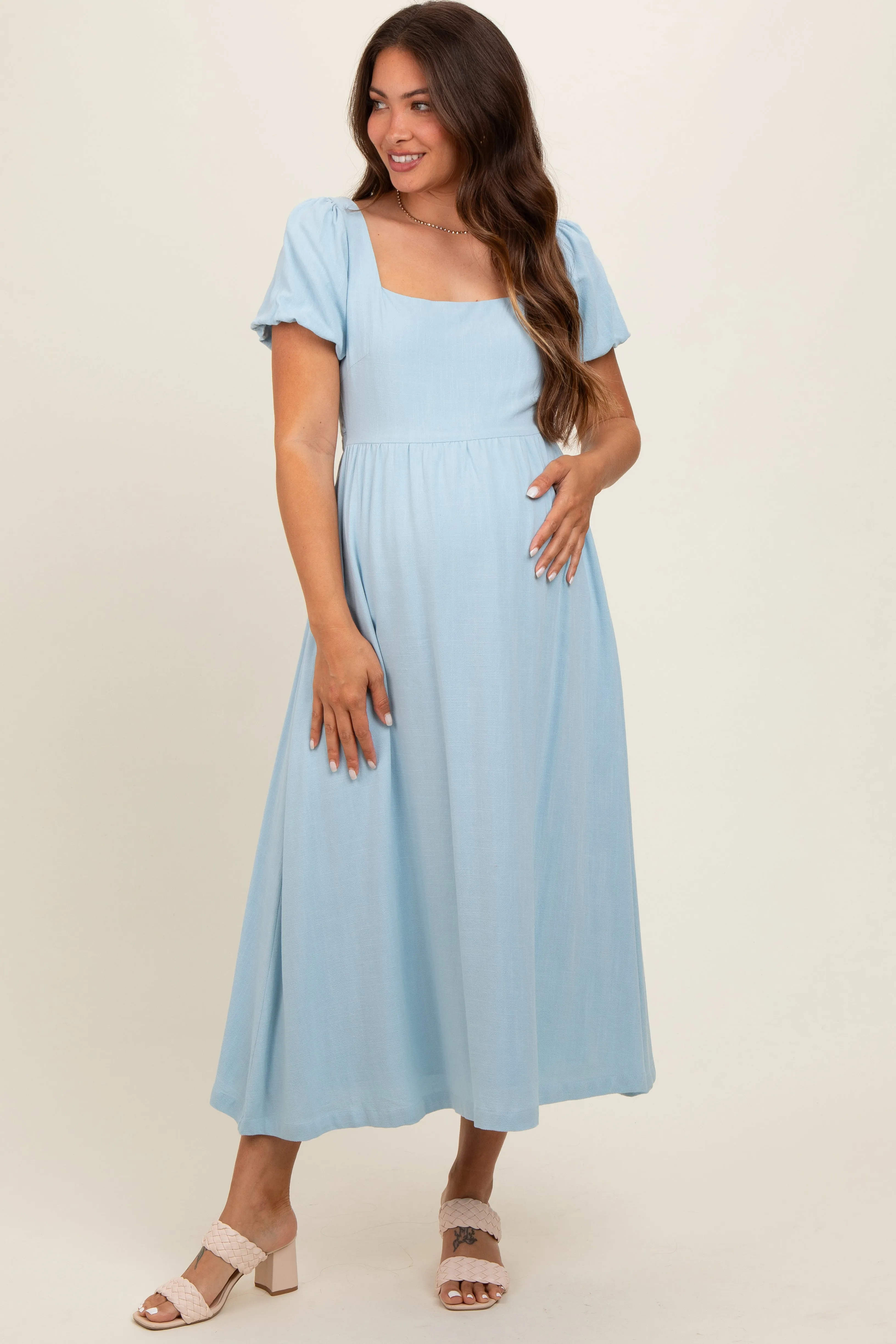 Light Blue Puff Sleeve Linen Maternity Midi Dress sold by Pinkblush