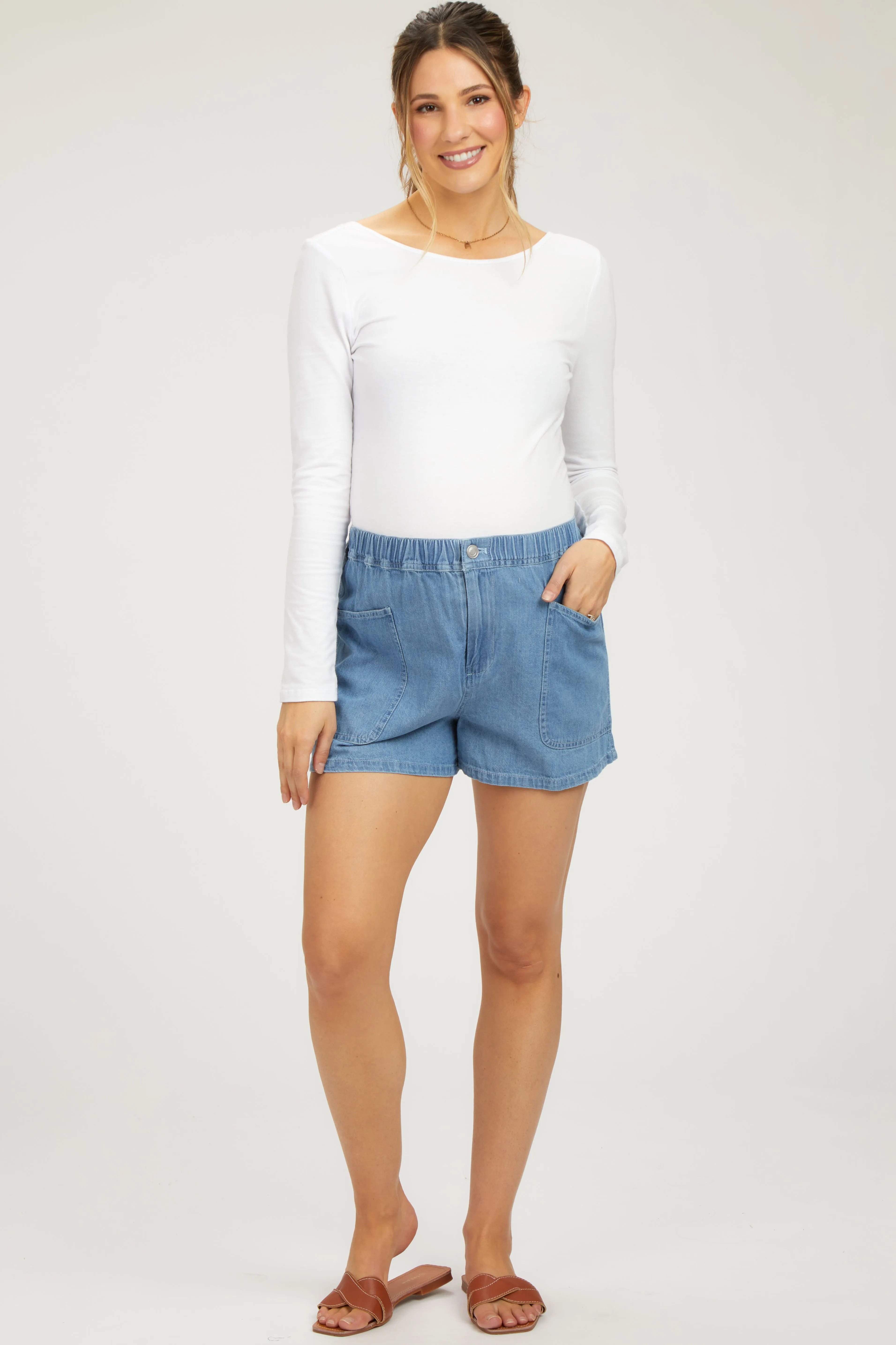 Blue Elastic Waist Maternity Denim Shorts sold by Pinkblush
