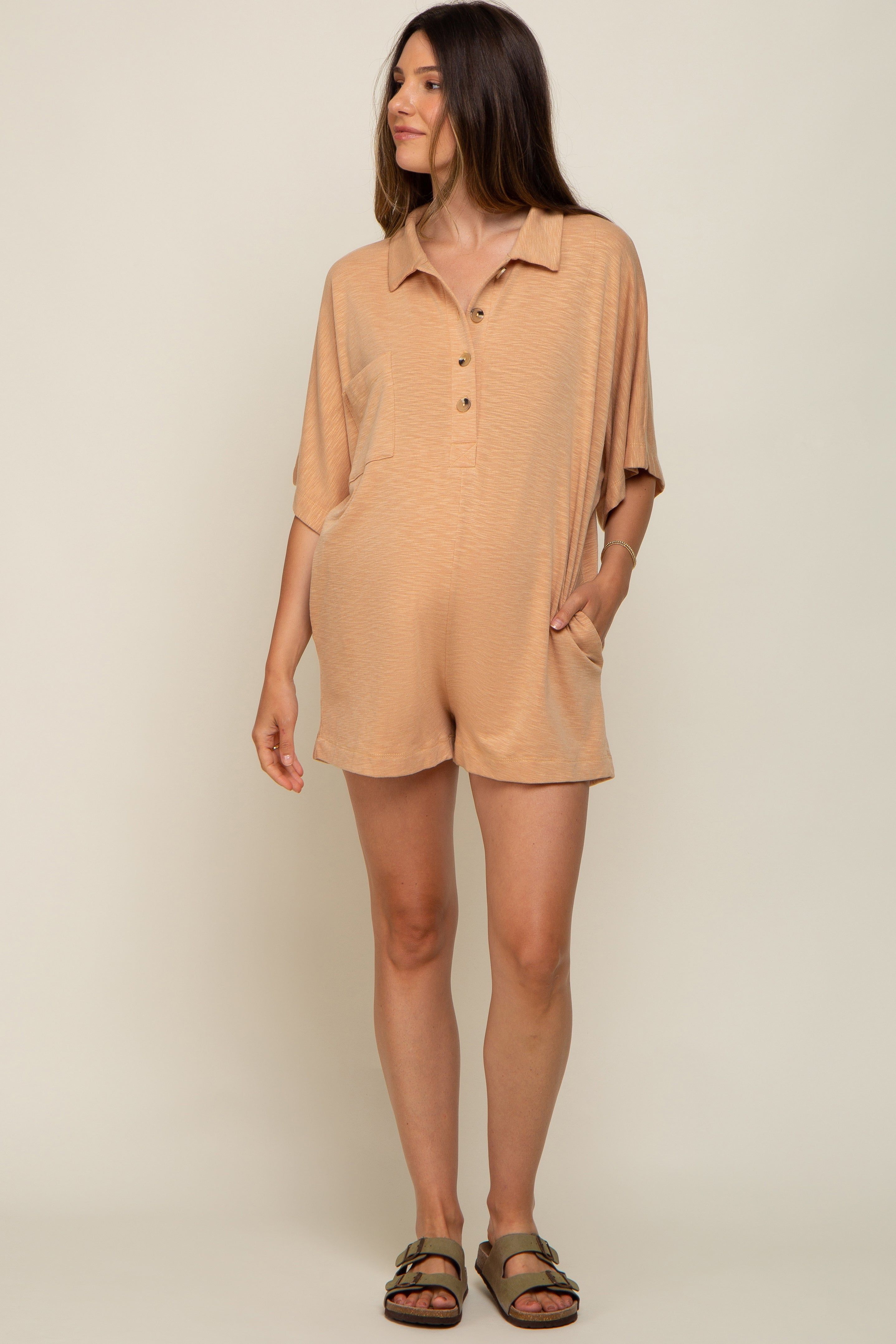 Camel Heathered Front Button Maternity Romper sold by Pinkblush product image thumbnail 5