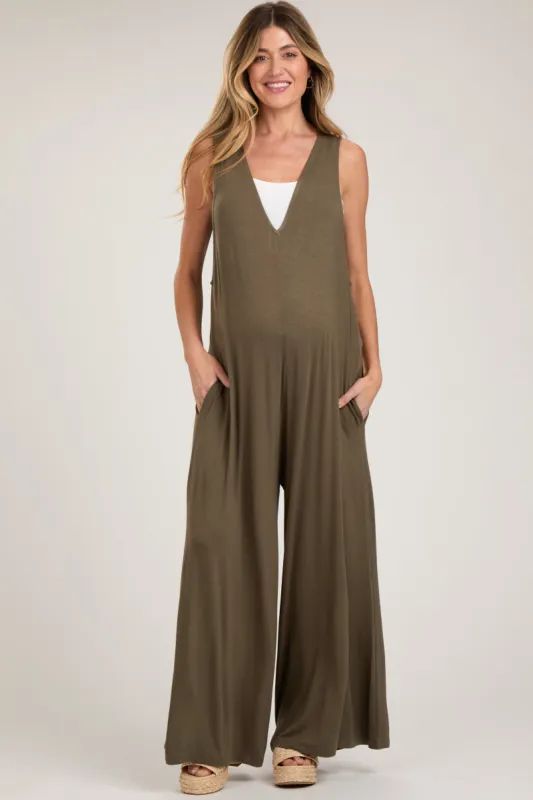 Olive Deep V Sleeveless Wide Leg Maternity Jumpsuit sold by Pinkblush