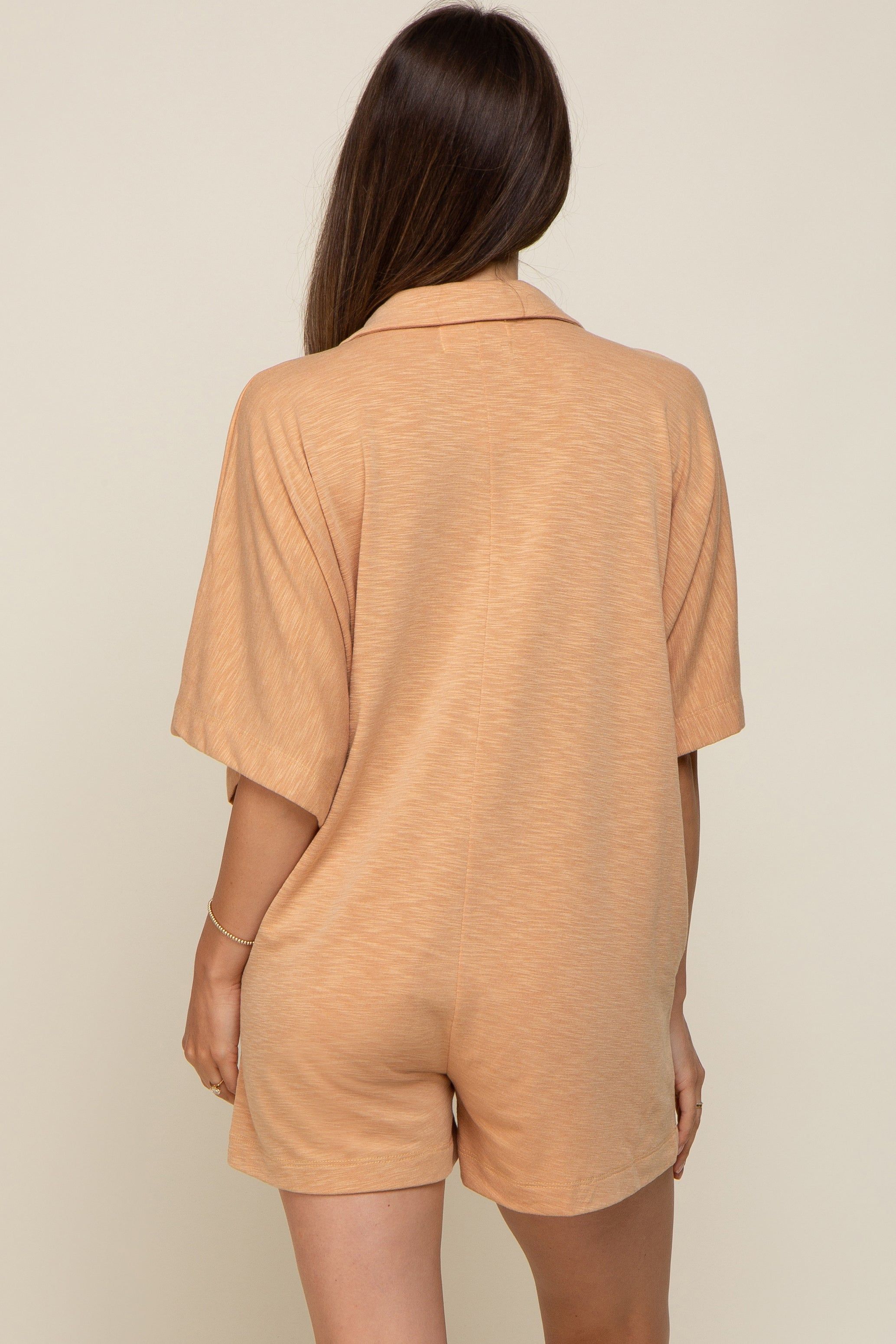 Camel Heathered Front Button Maternity Romper sold by Pinkblush product image thumbnail 3