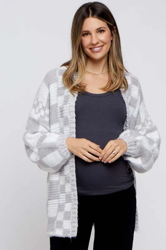 Heather Grey Checkered Maternity Cardigan Sweater sold by Pinkblush