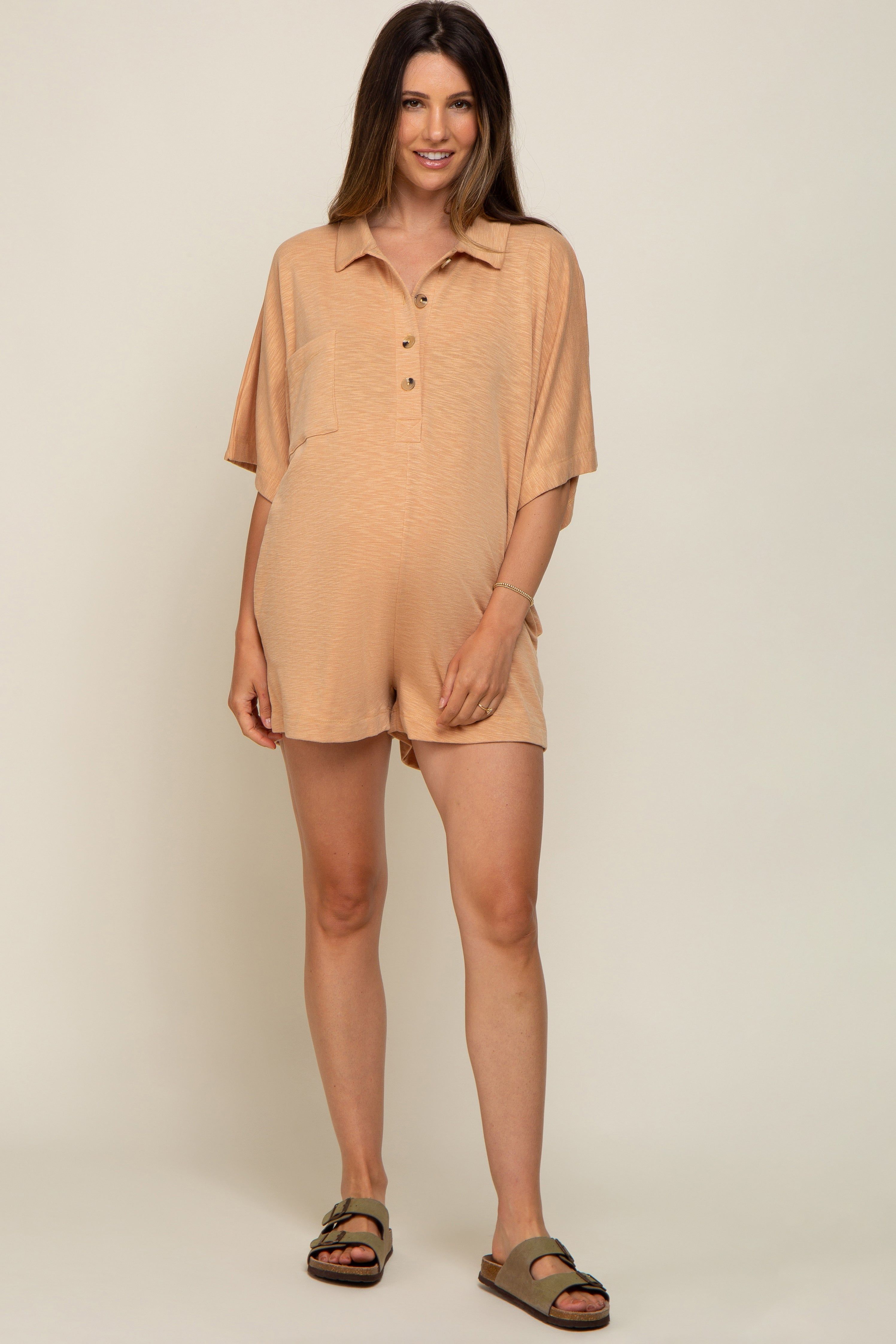 Camel Heathered Front Button Maternity Romper sold by Pinkblush product image thumbnail 4