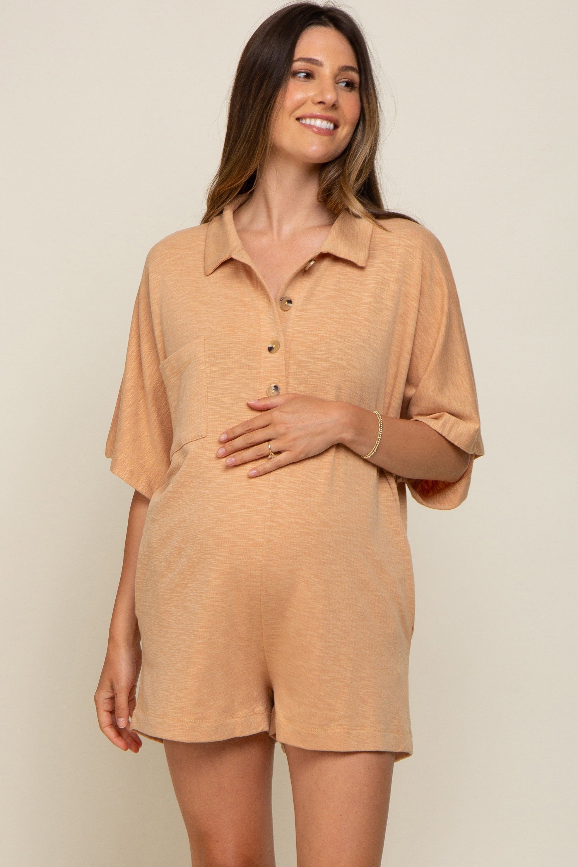 Camel Heathered Front Button Maternity Romper sold by Pinkblush