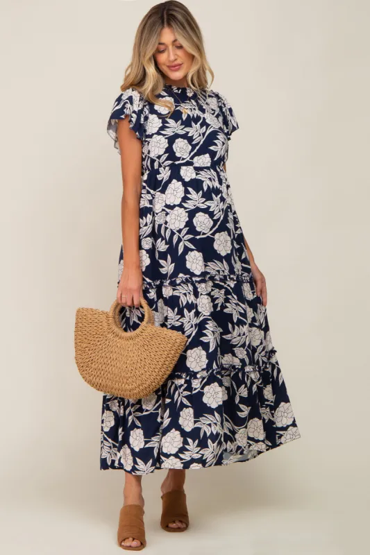 Navy Floral Tiered Ruffle Accent Maternity Maxi Dress sold by Pinkblush