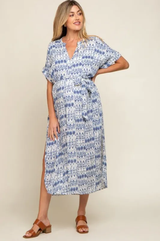 Blue Printed Waist Tie Maternity Midi Dress sold by Pinkblush