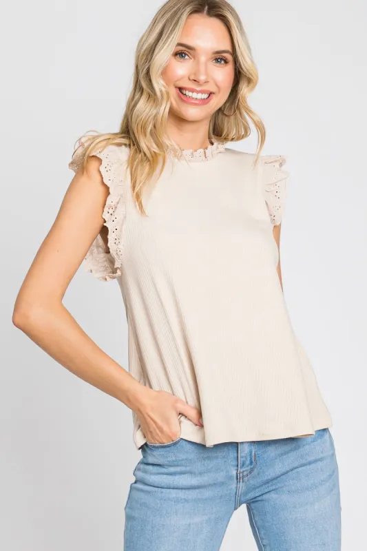 Cream Eyelet Ruffle Sleeveless Top sold by Pinkblush