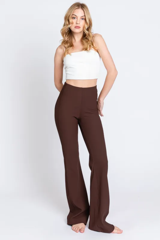 Brown Ribbed Flared Leggings sold by Pinkblush