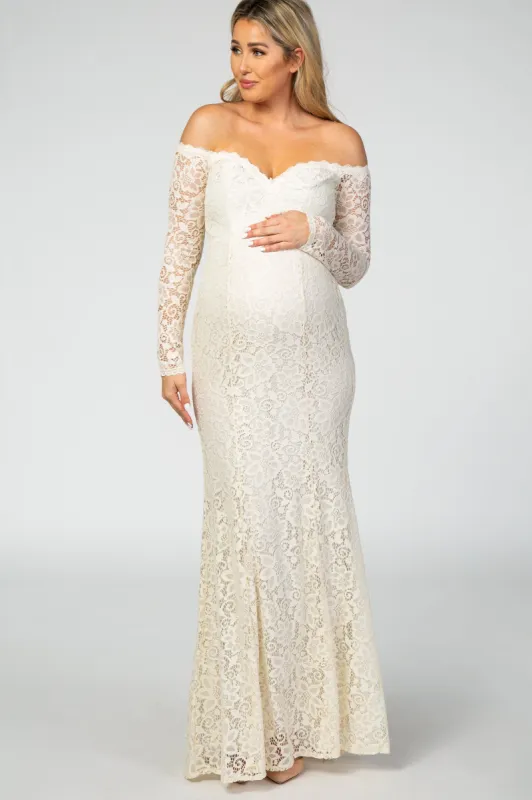 PinkBlush Beige Lace Off Shoulder Long Sleeve Maternity Maxi Dress sold by Pinkblush