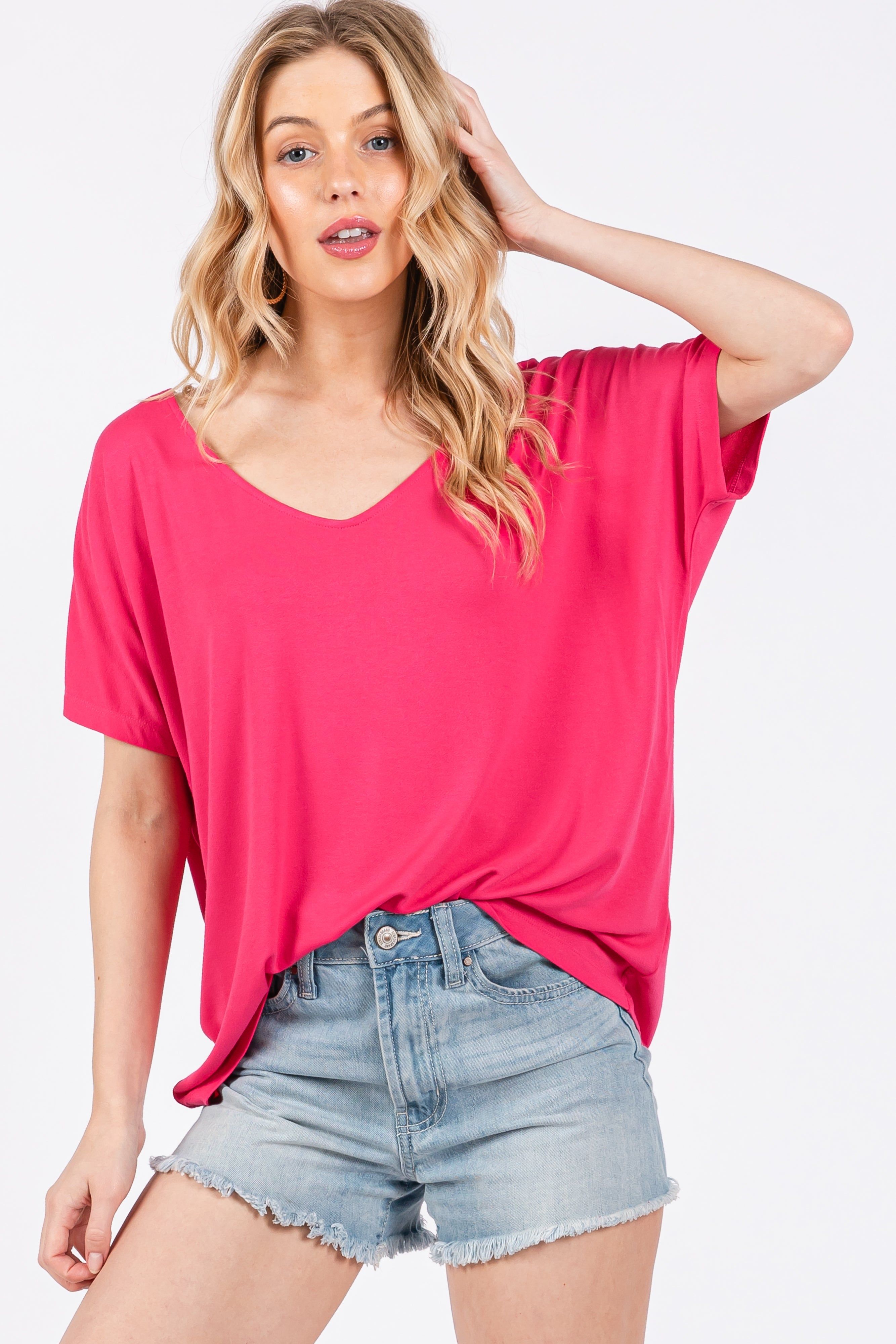 Fuchsia Short Dolman Sleeve V-Neck Top sold by Pinkblush