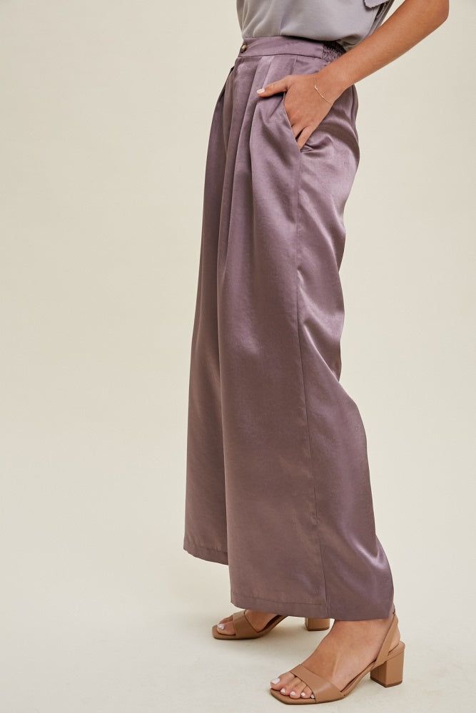 Purple Satin Wide-Leg Pants With Pleated Detail sold by Pinkblush product image thumbnail 3