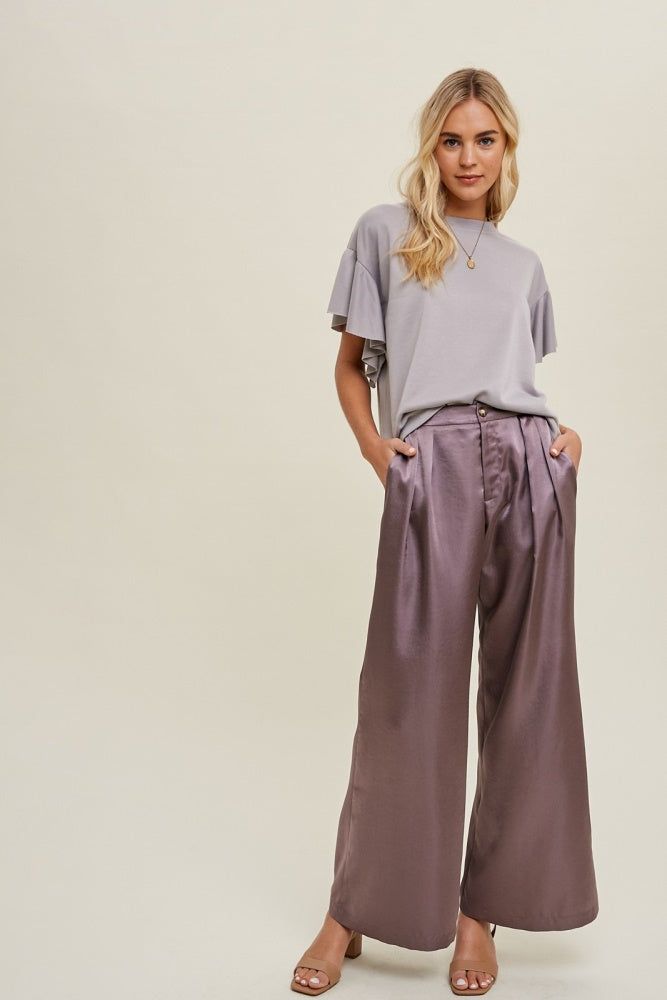 Purple Satin Wide-Leg Pants With Pleated Detail sold by Pinkblush