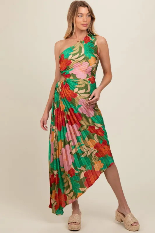 Multicolor Floral Satin Pleated One Shoulder Maternity Maxi Dress sold by Pinkblush