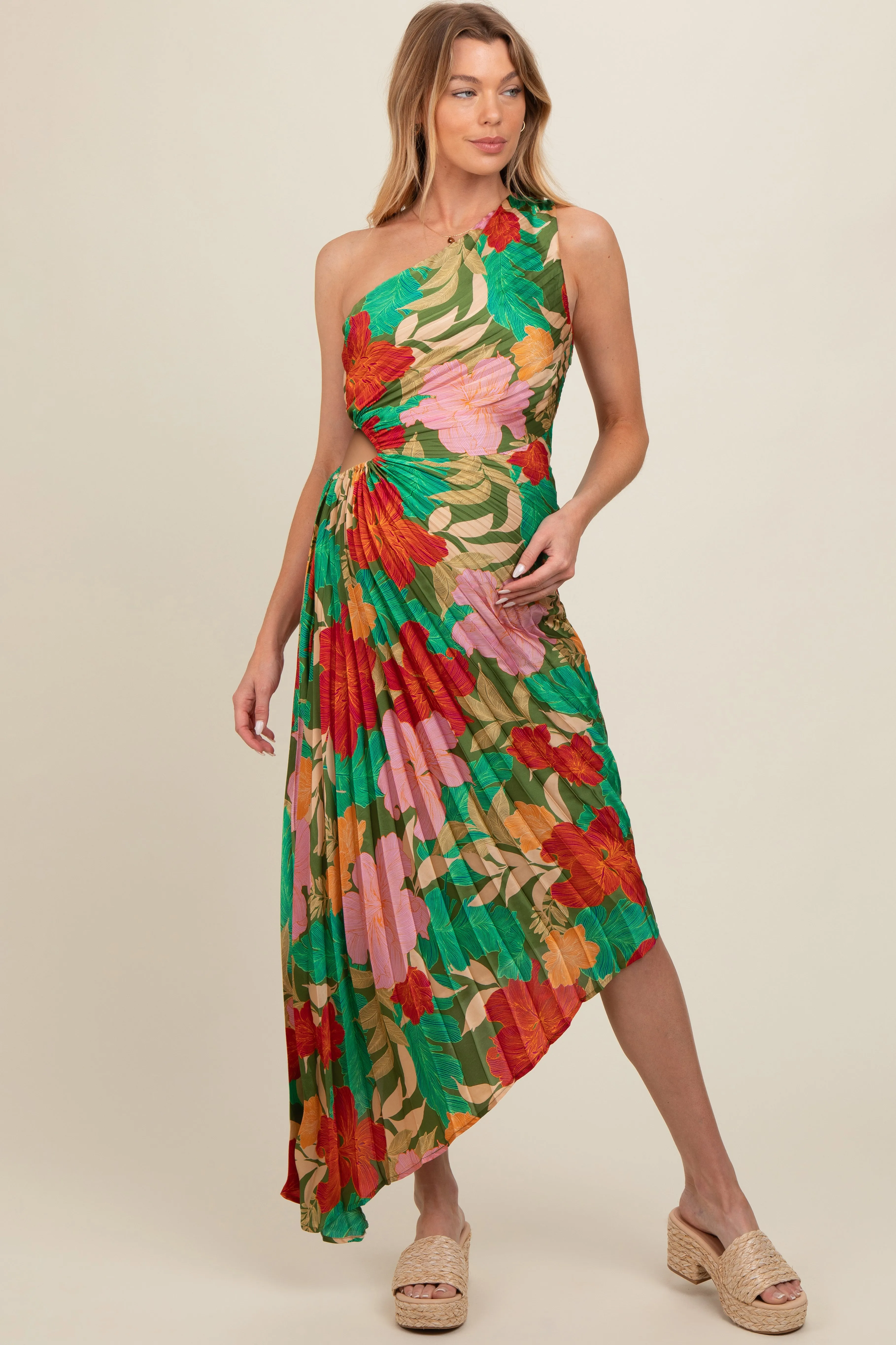 Multicolor Floral Satin Pleated One Shoulder Maternity Maxi Dress sold by Pinkblush
