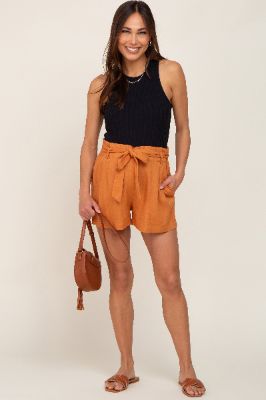 Camel Tie Front Maternity Shorts sold by Pinkblush