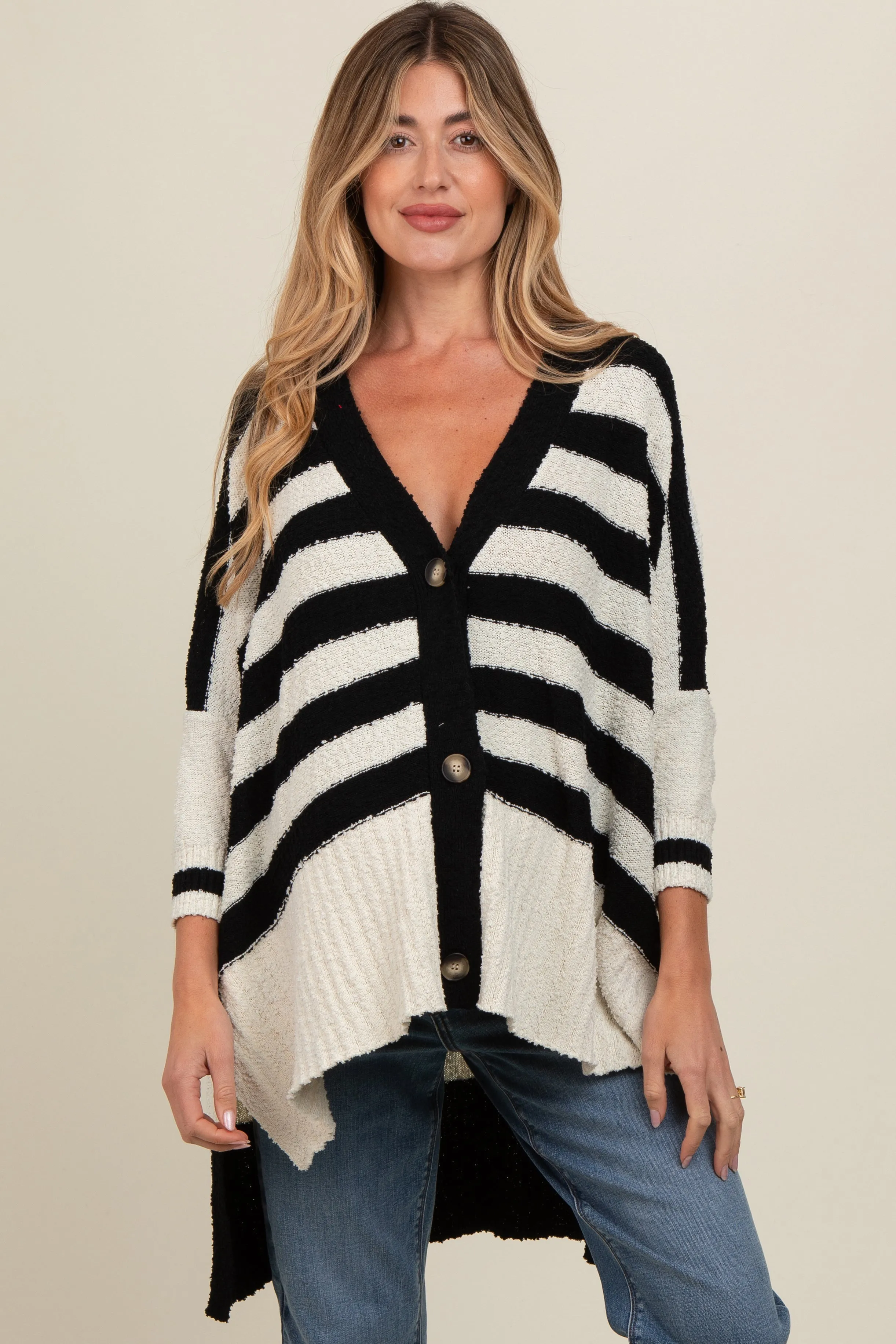 Black Textured Knit Striped Oversized Maternity Cardigan sold by Pinkblush