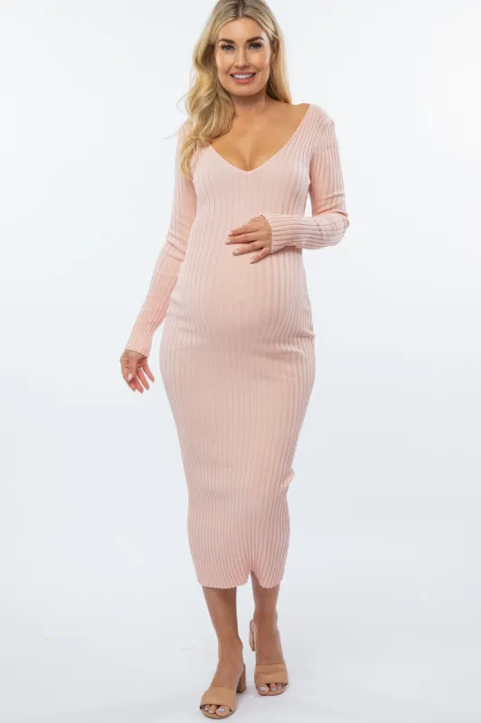Pink V-Neck Long Sleeve Fitted Maternity Maxi Dress sold by Pinkblush