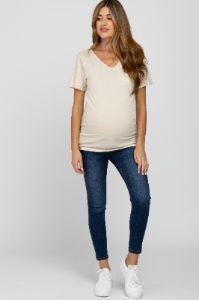 Beige V-Neck Maternity T Shirt sold by Pinkblush
