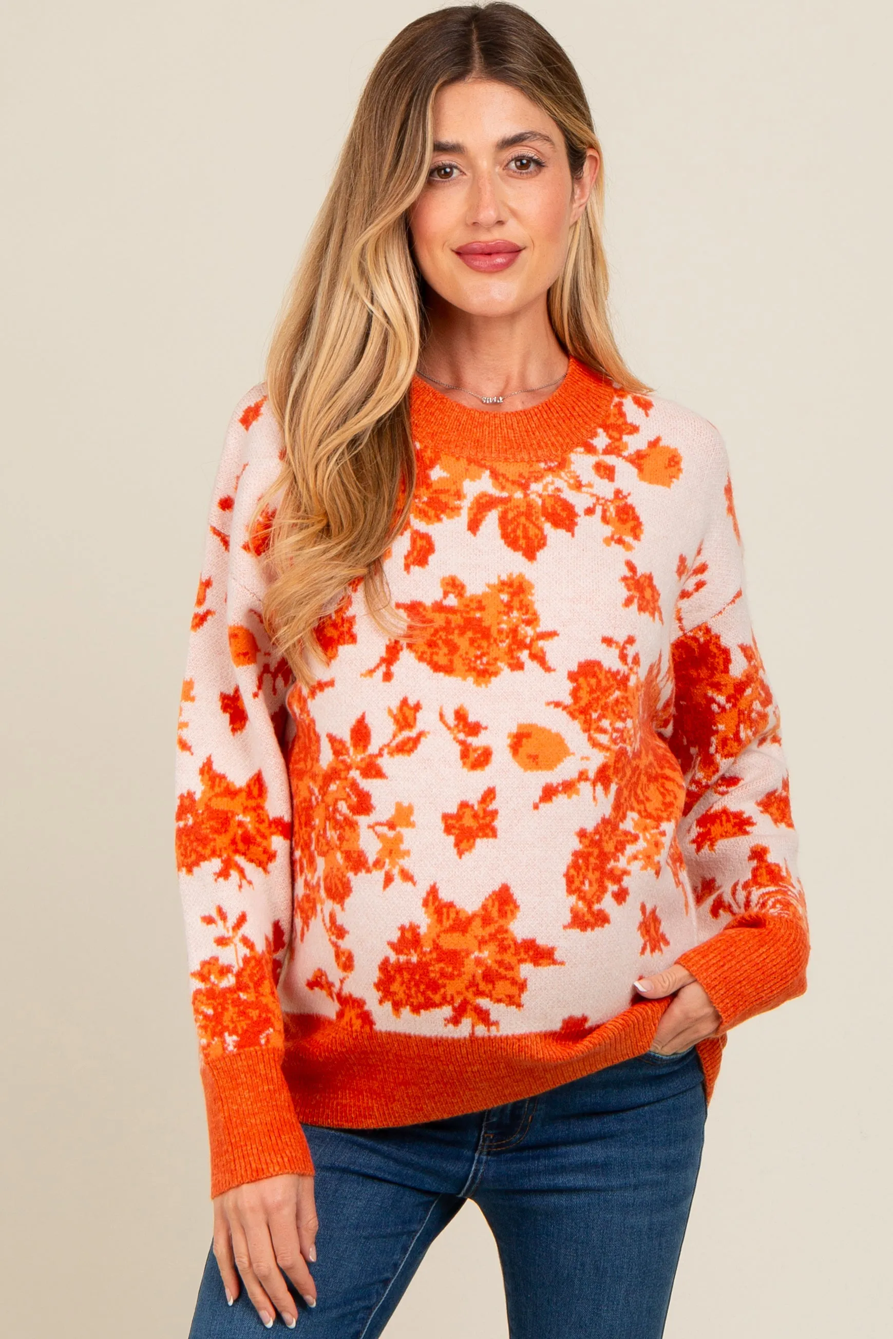 Orange Floral Crew Neck Maternity Sweater sold by Pinkblush