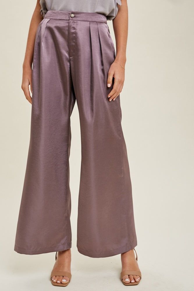 Purple Satin Wide-Leg Pants With Pleated Detail sold by Pinkblush product image thumbnail 2