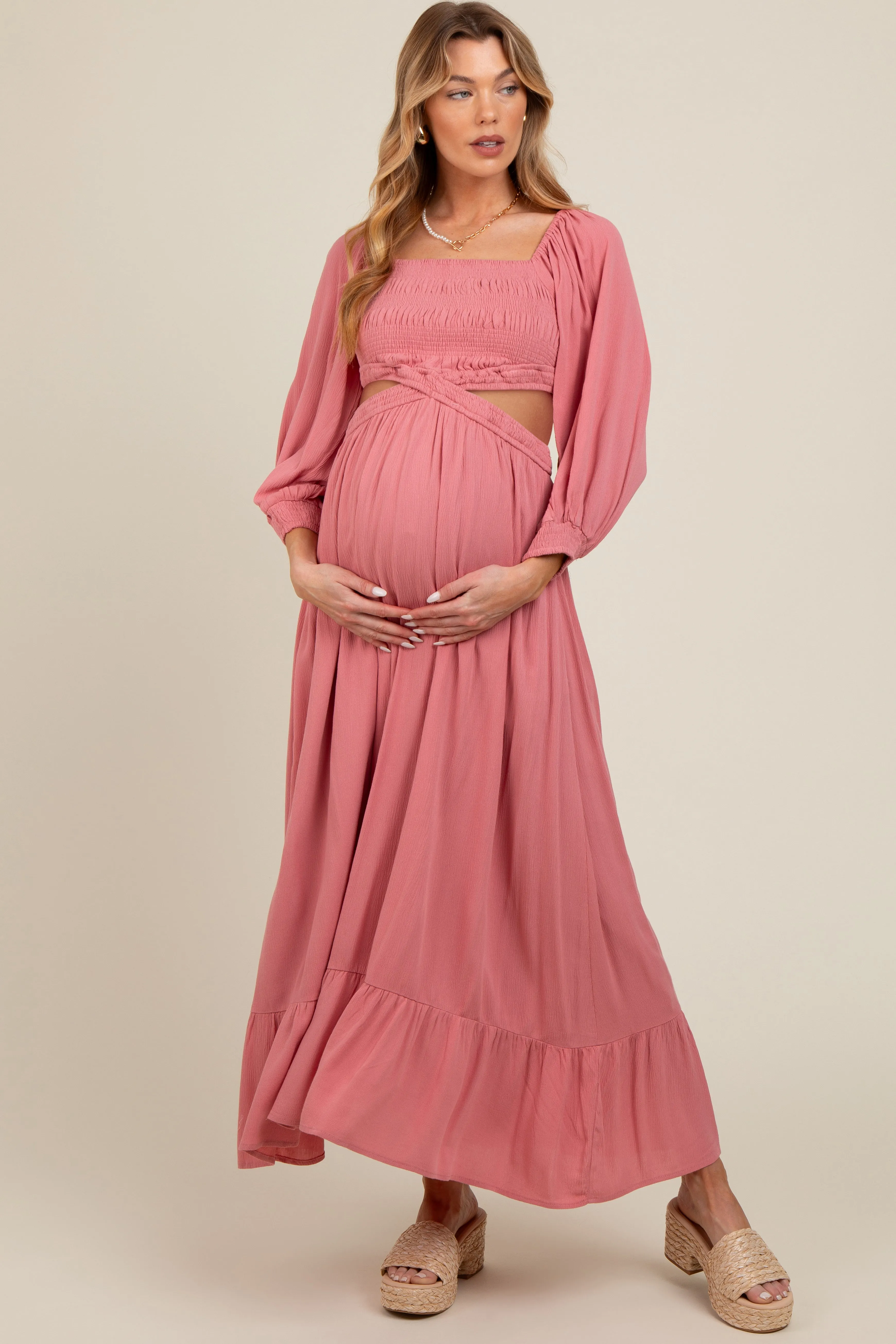 Pink Cutout Maternity Maxi Dress sold by Pinkblush