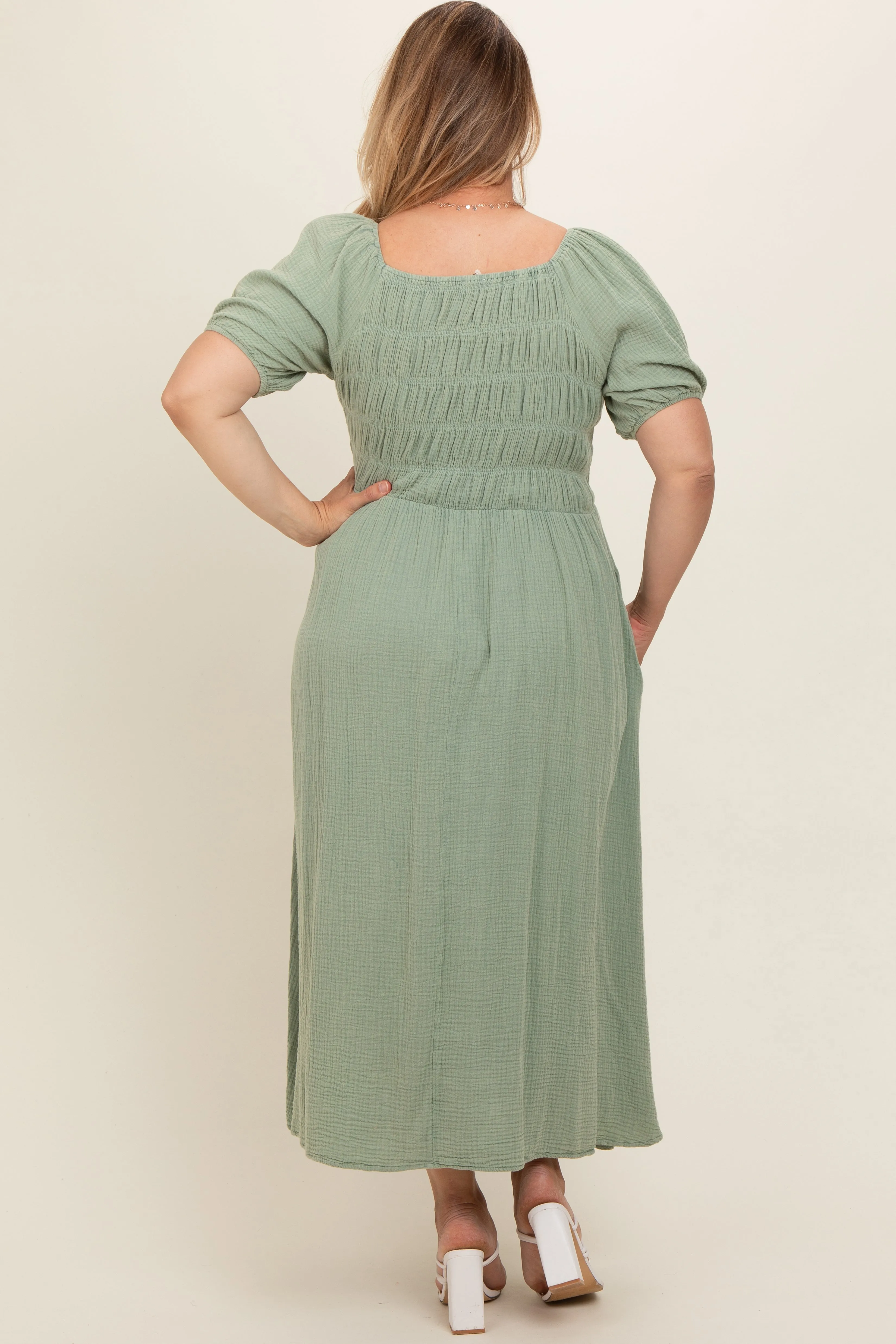 Mint Green Smocked Short Sleeve Maternity Plus Midi Dress sold by Pinkblush product image thumbnail 4