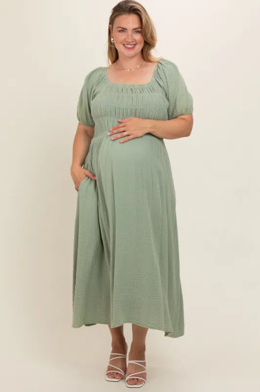 Mint Green Smocked Short Sleeve Maternity Plus Midi Dress sold by Pinkblush