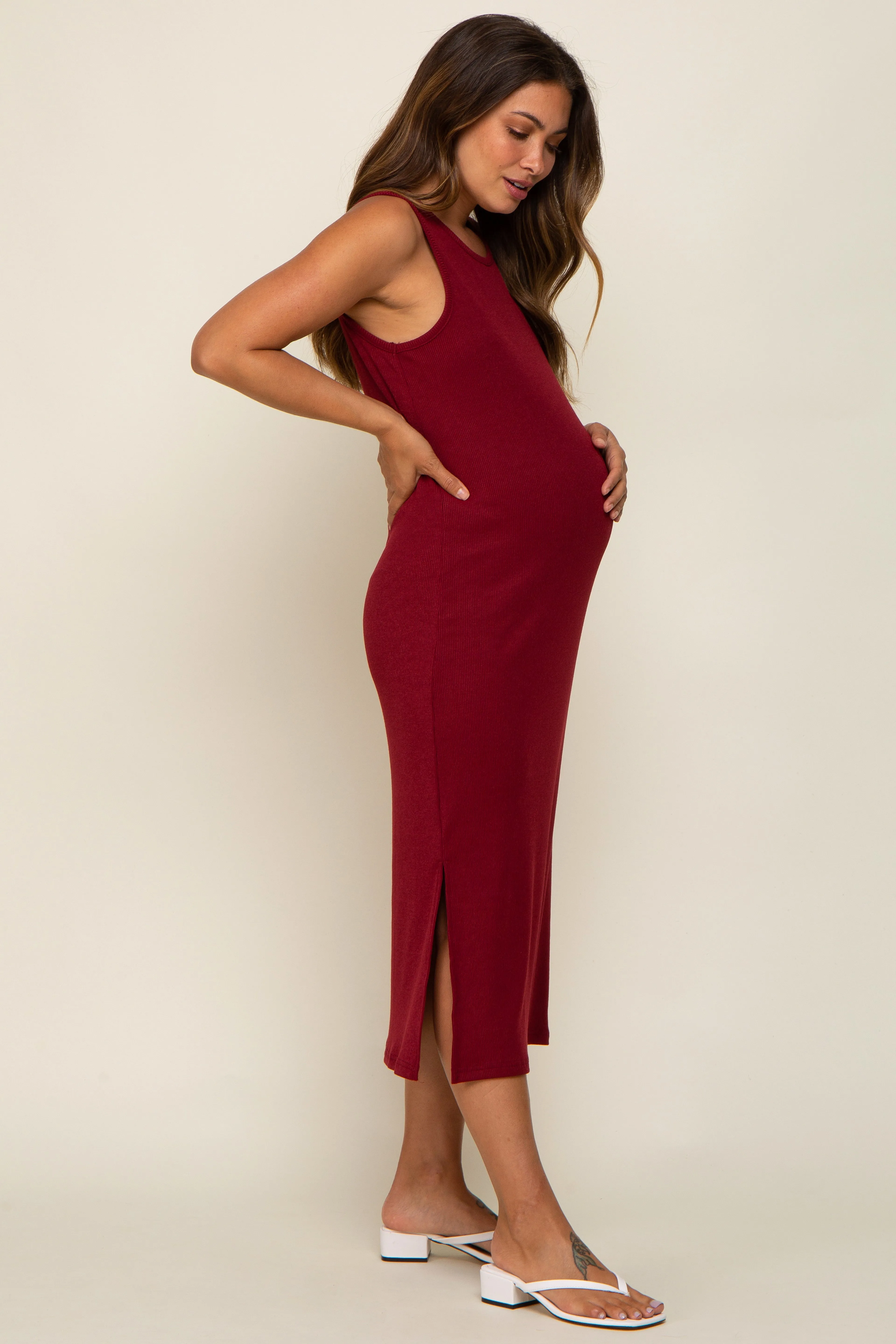 Burgundy Basic Ribbed Side Slit Maternity Midi Dress sold by Pinkblush product image thumbnail 3