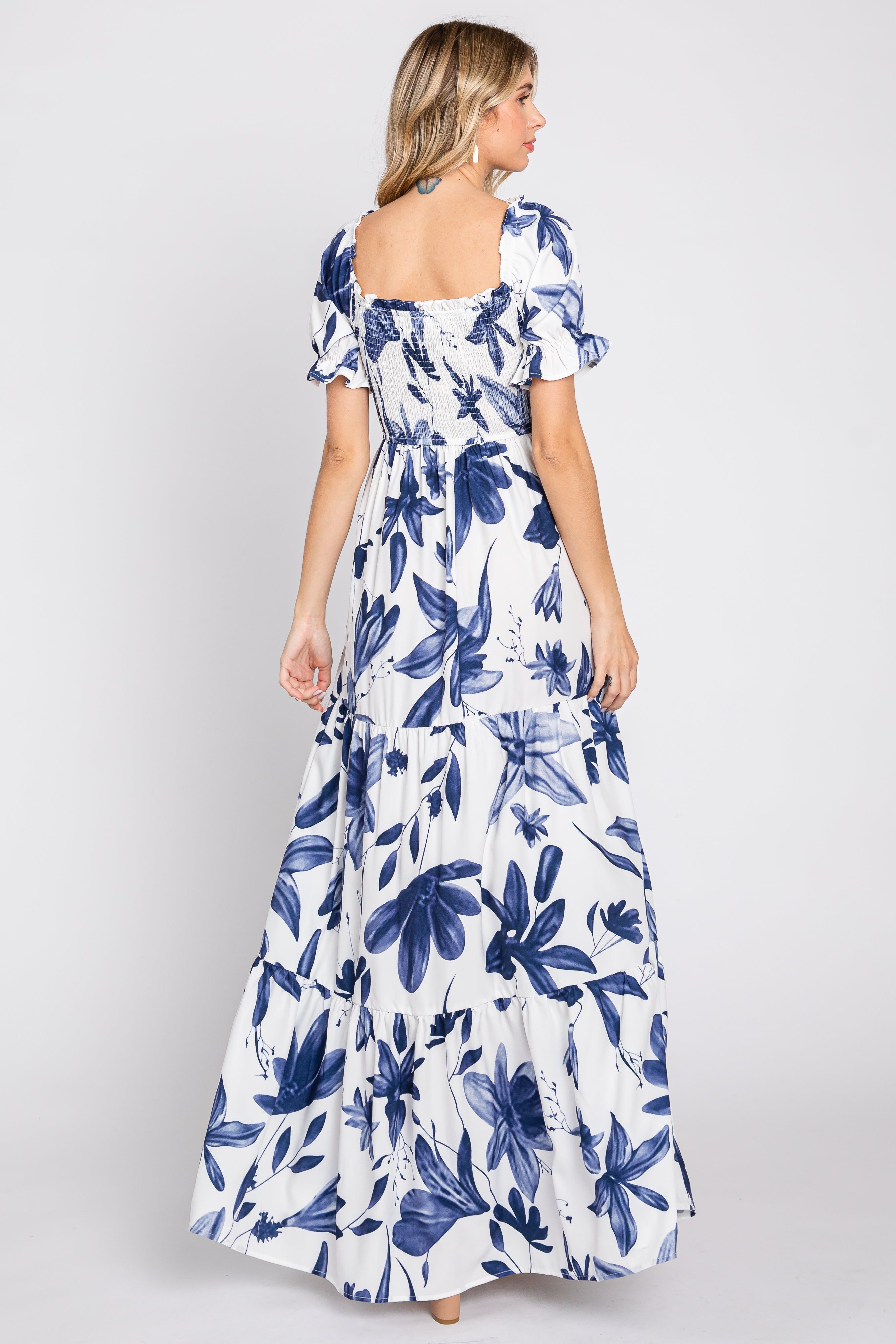 Ivory Floral Smocked Front Tie Short Puff Sleeve Maxi Dress sold by Pinkblush product image thumbnail 3