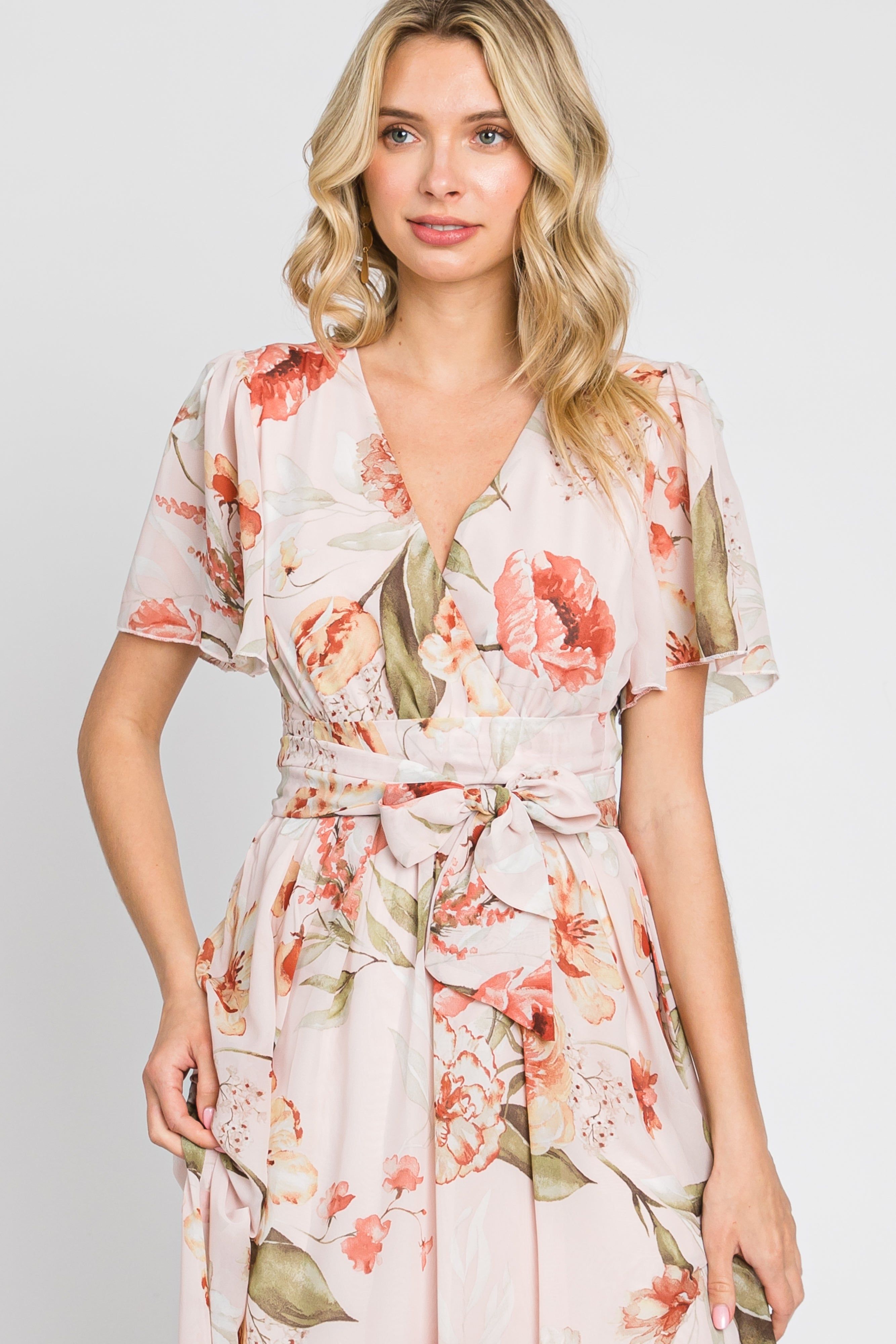 Pink Floral Chiffon Wrap Front Short Sleeve Maxi Dress sold by Pinkblush product image thumbnail 4