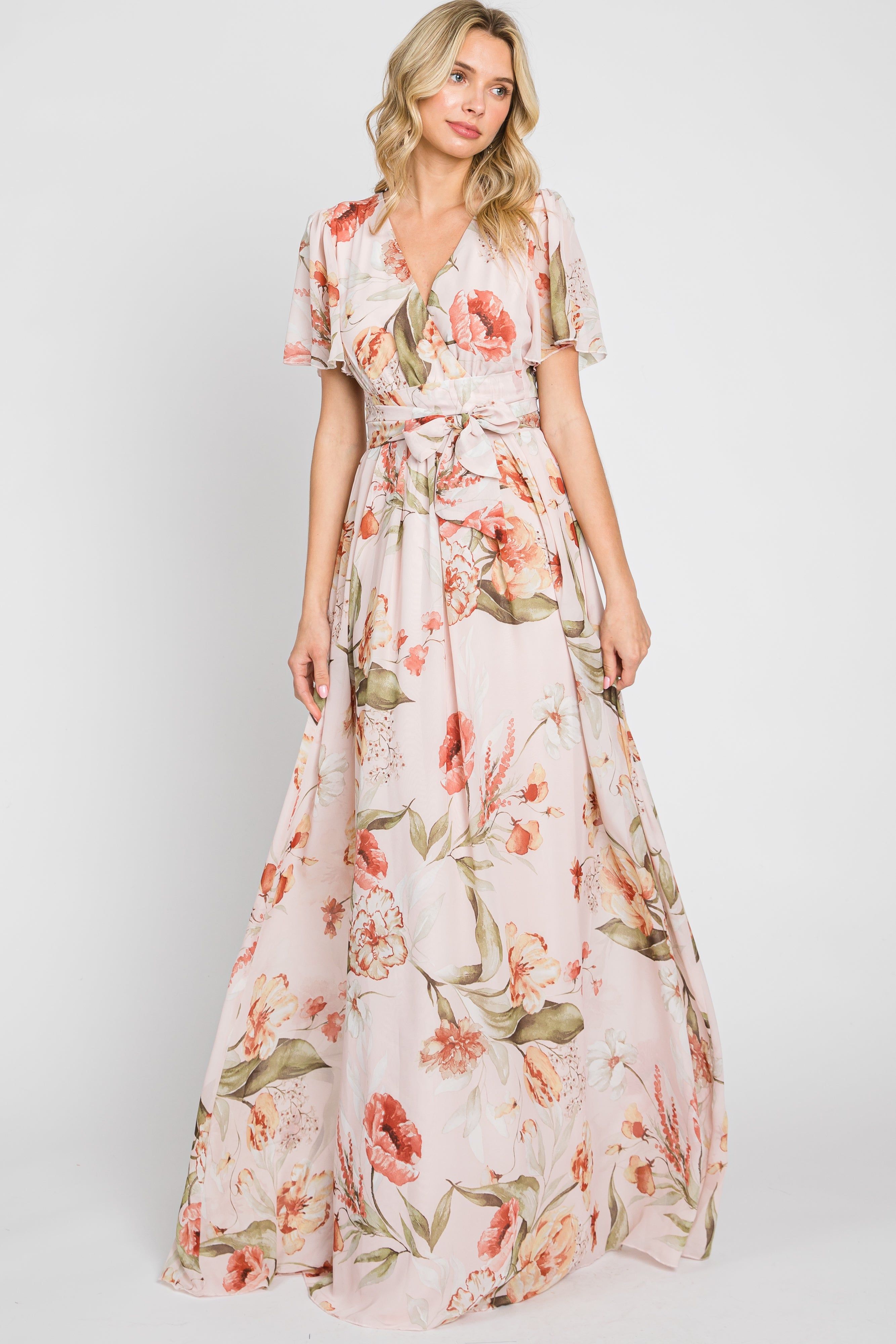 Pink Floral Chiffon Wrap Front Short Sleeve Maxi Dress sold by Pinkblush