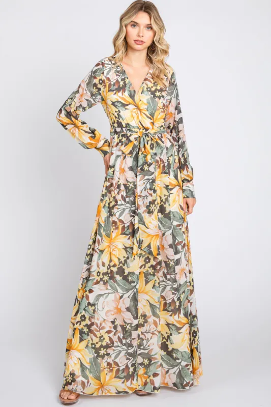 Yellow Floral Chiffon Wrap Front V-Neck Long Sleeve Maxi Dress sold by Pinkblush
