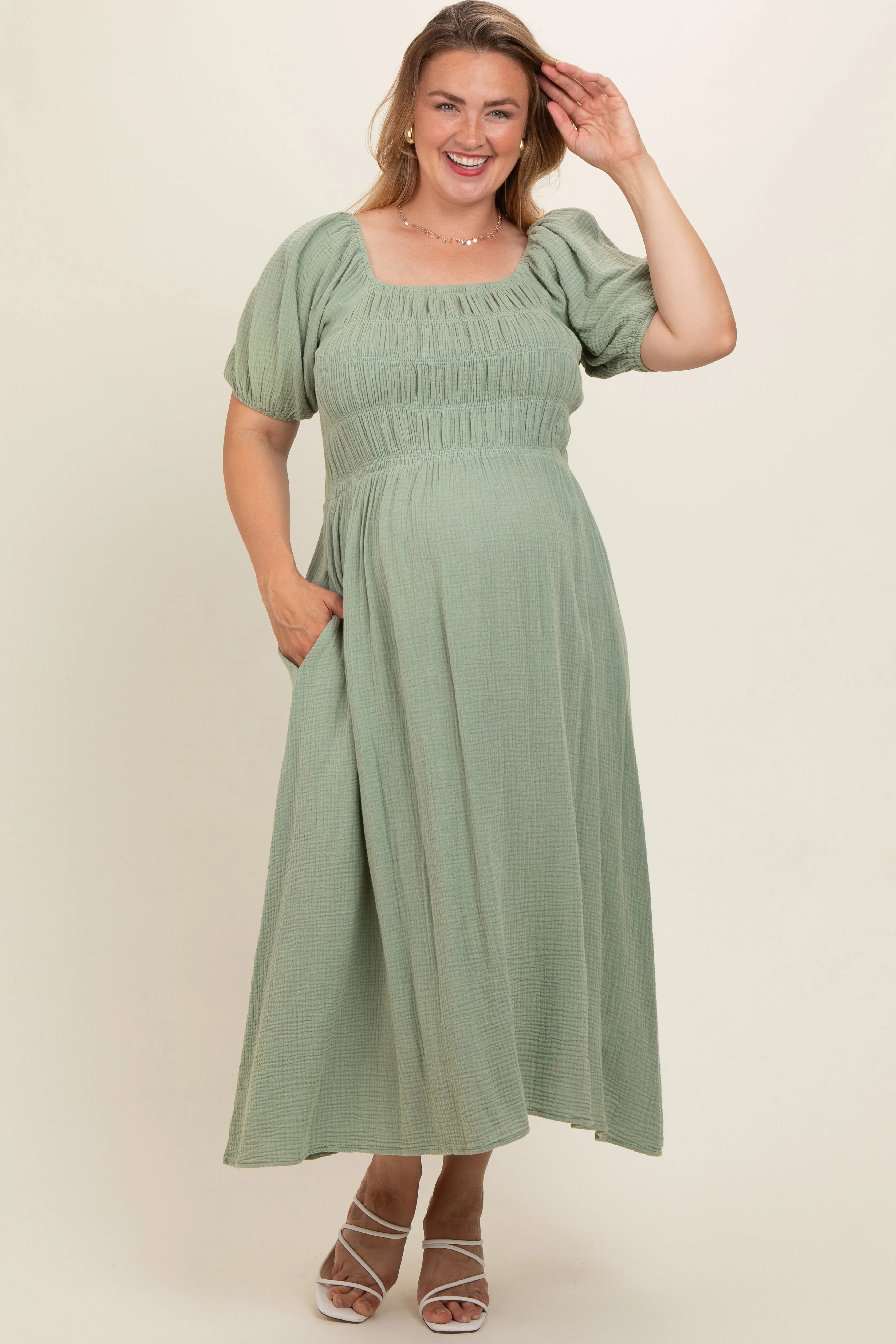 Mint Green Smocked Short Sleeve Maternity Plus Midi Dress sold by Pinkblush product image thumbnail 2