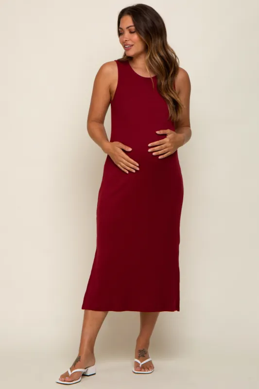 Burgundy Basic Ribbed Side Slit Maternity Midi Dress sold by Pinkblush