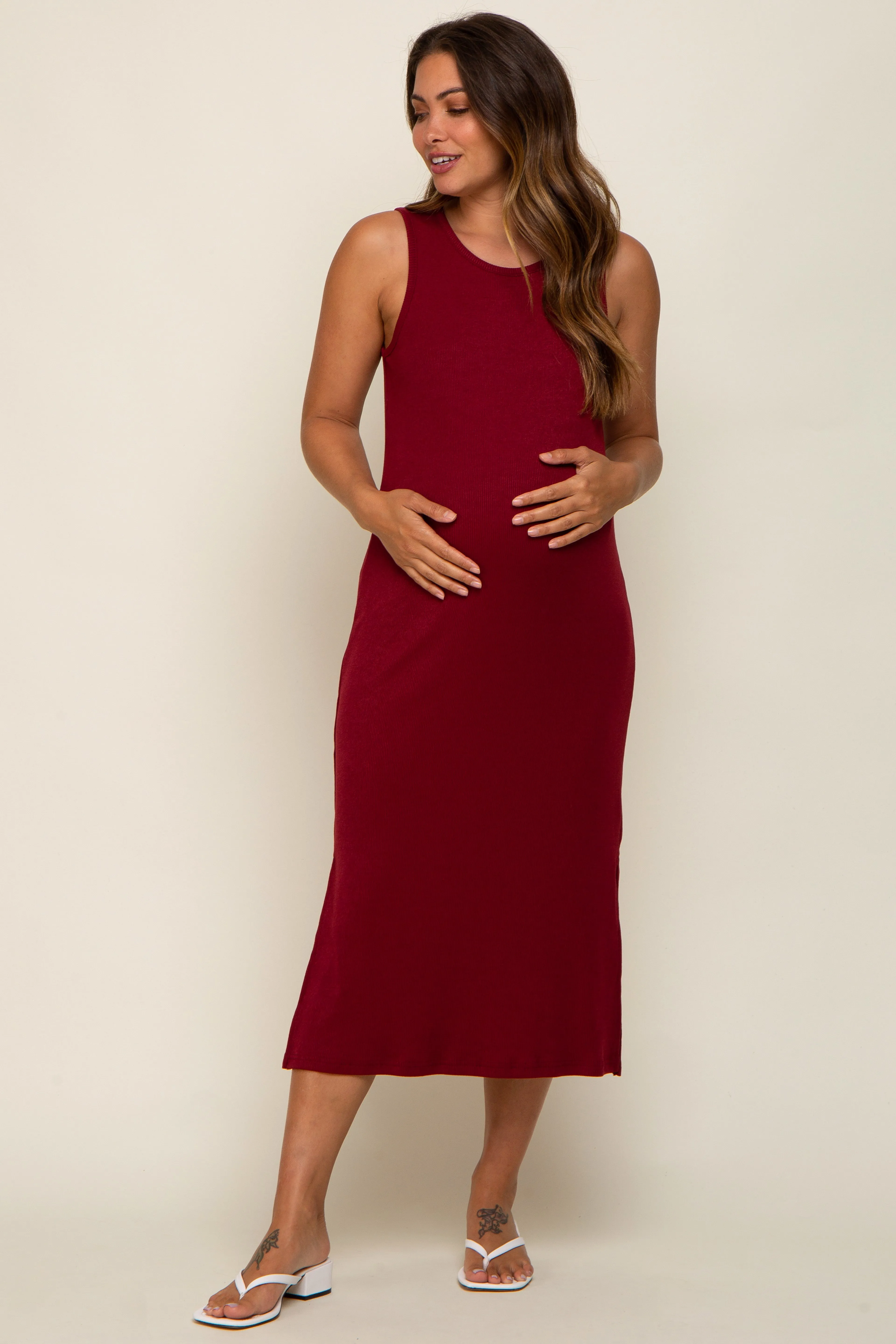 Burgundy Basic Ribbed Side Slit Maternity Midi Dress sold by Pinkblush