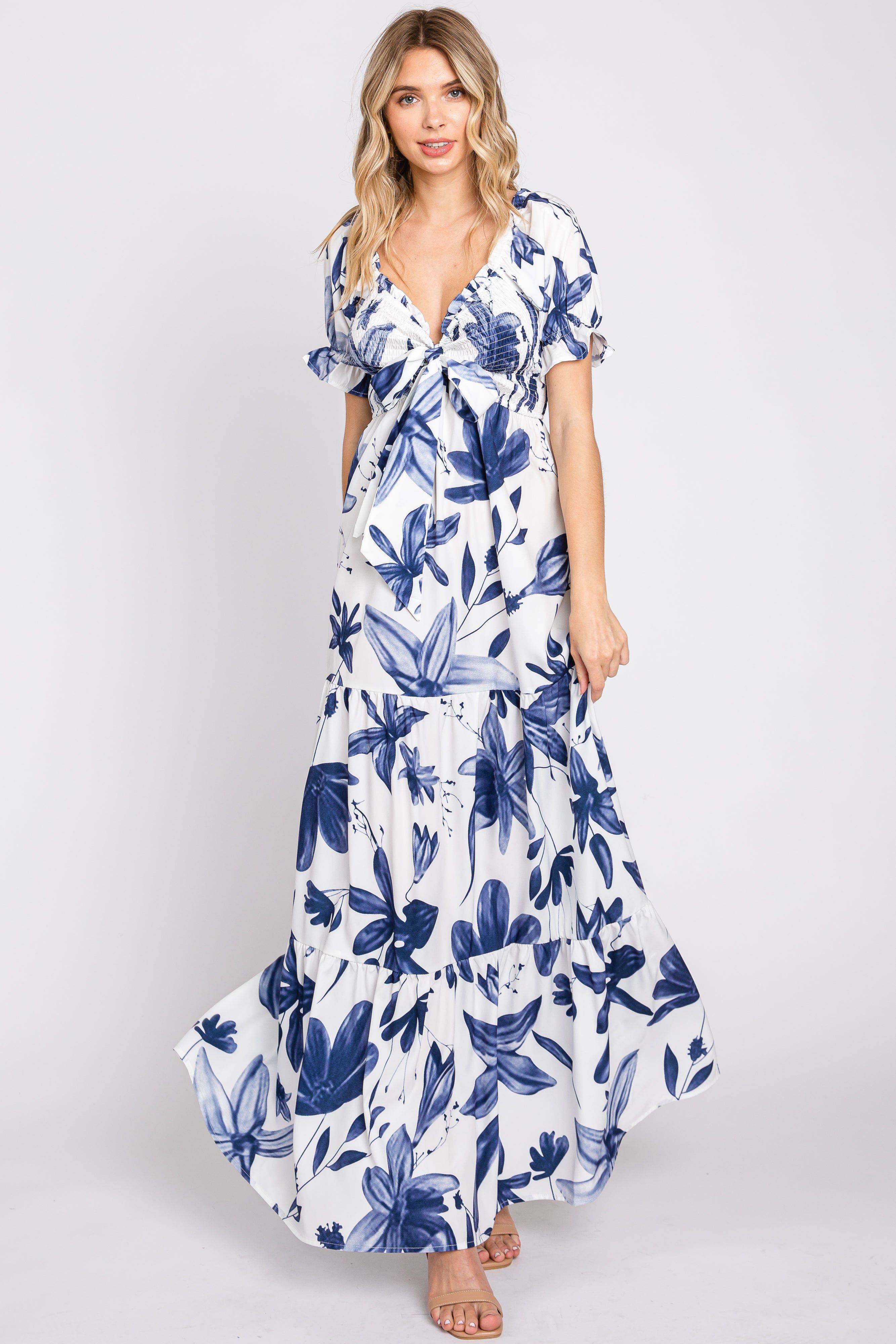 Ivory Floral Smocked Front Tie Short Puff Sleeve Maxi Dress sold by Pinkblush