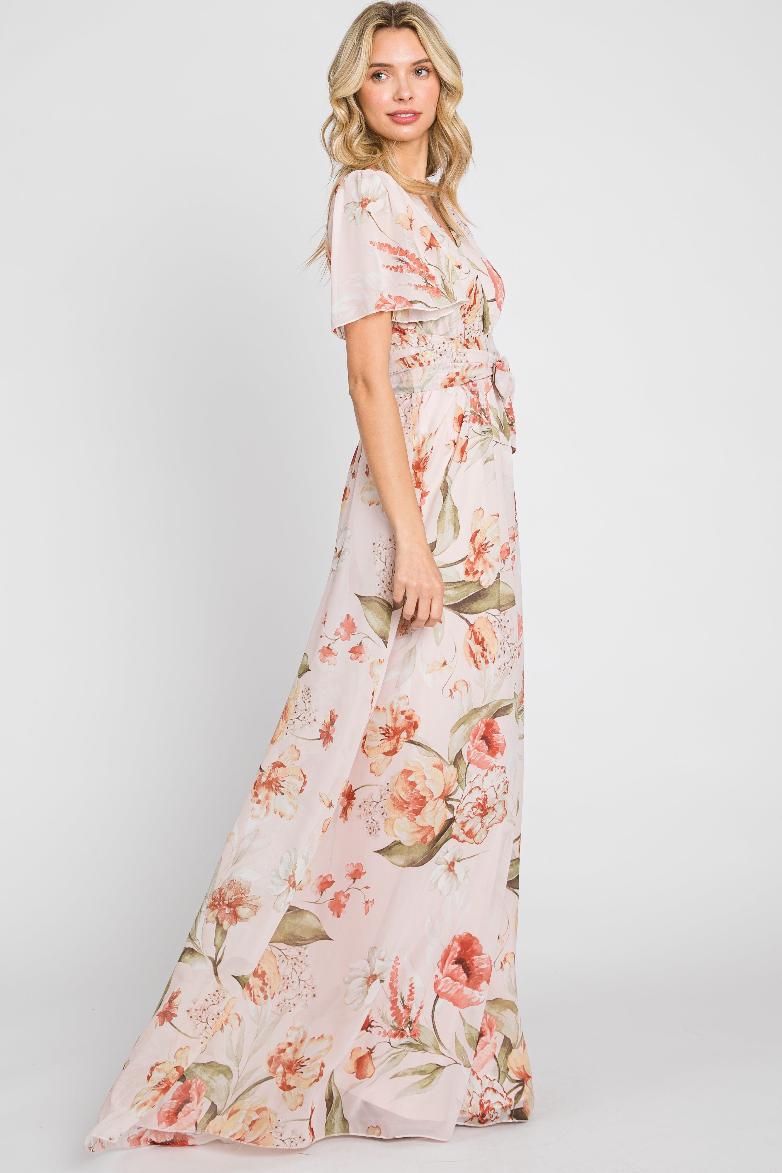 Pink Floral Chiffon Wrap Front Short Sleeve Maxi Dress sold by Pinkblush product image thumbnail 2