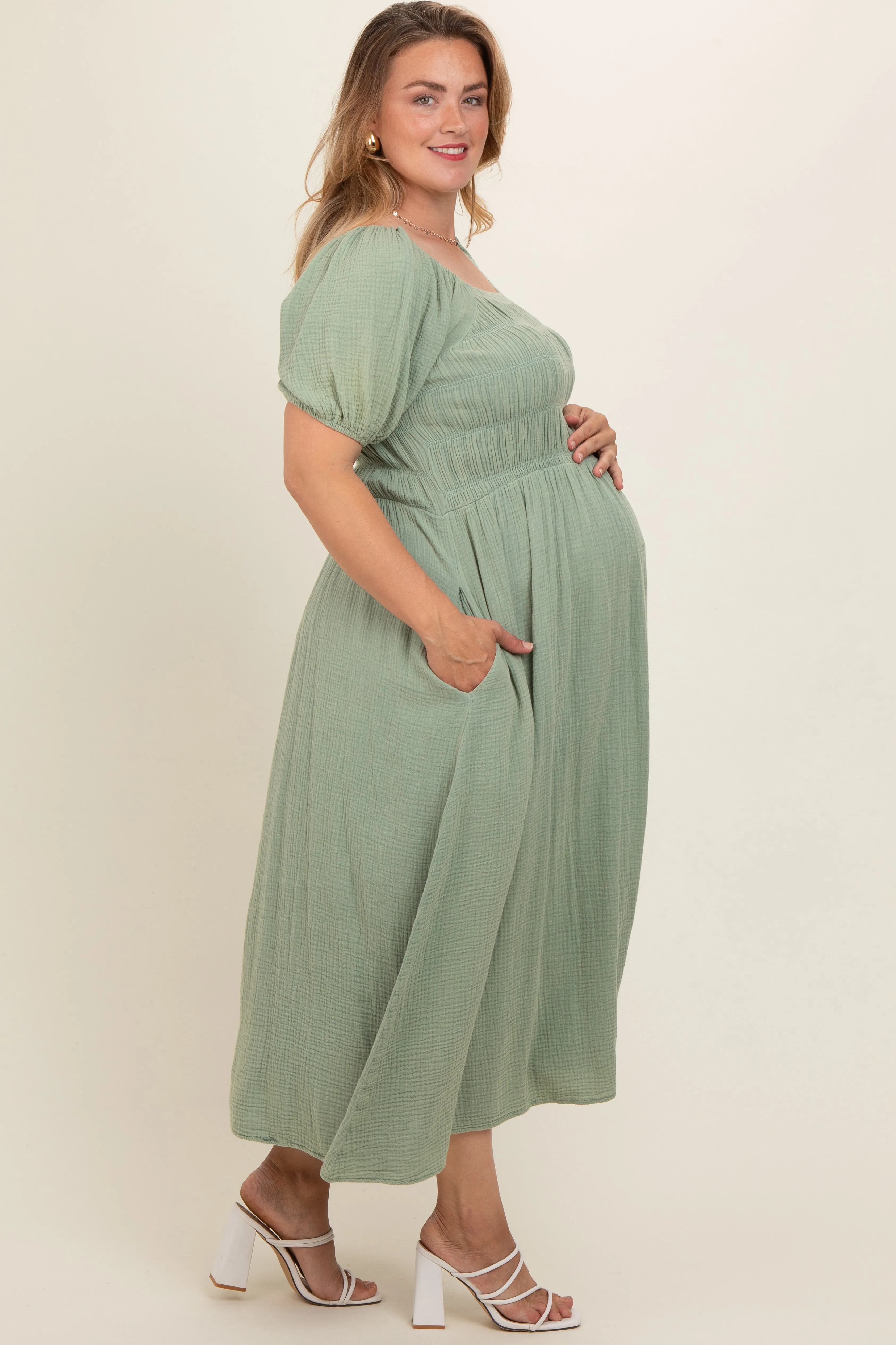 Mint Green Smocked Short Sleeve Maternity Plus Midi Dress sold by Pinkblush product image thumbnail 3