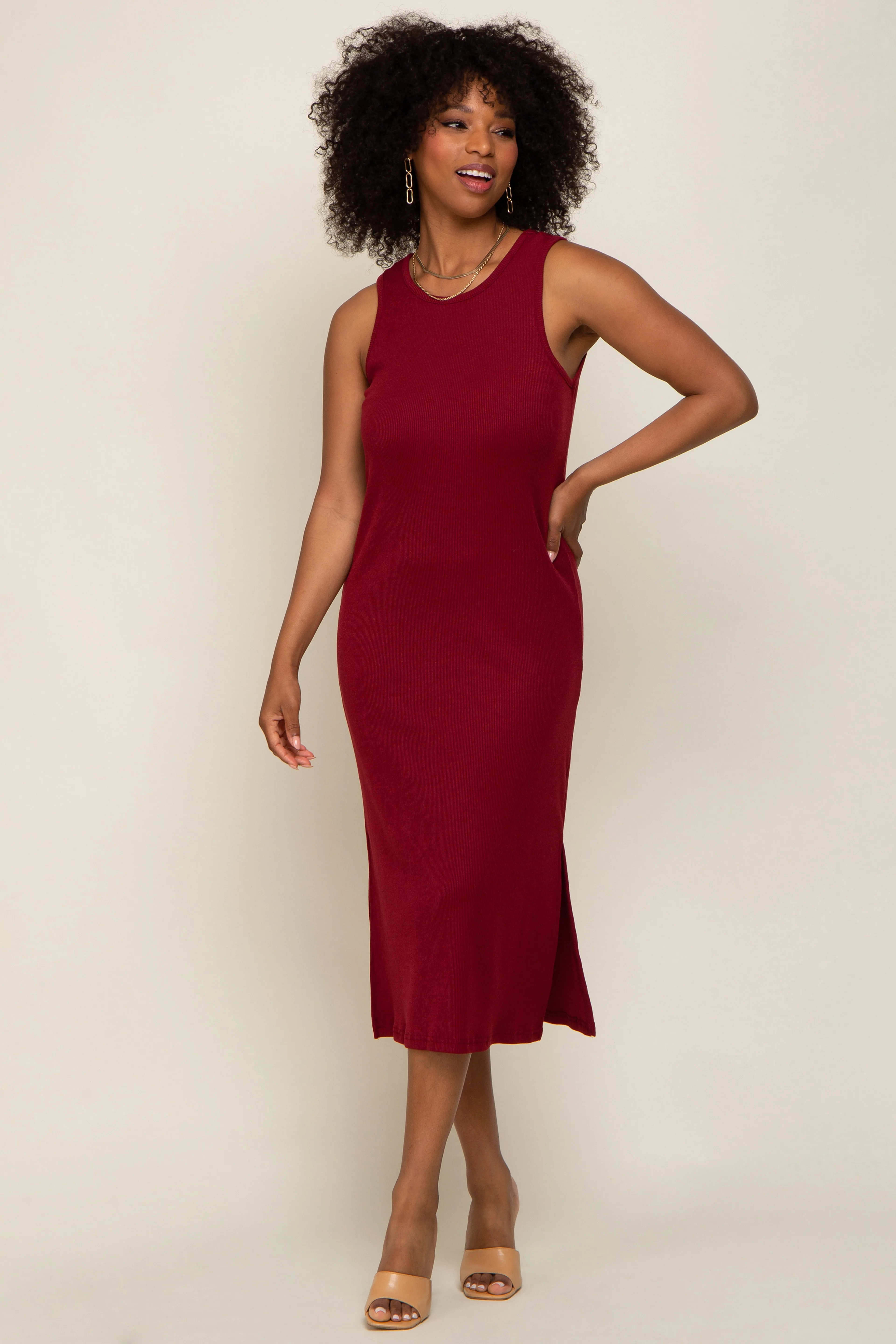 Burgundy Basic Ribbed Side Slit Maternity Midi Dress sold by Pinkblush product image thumbnail 5