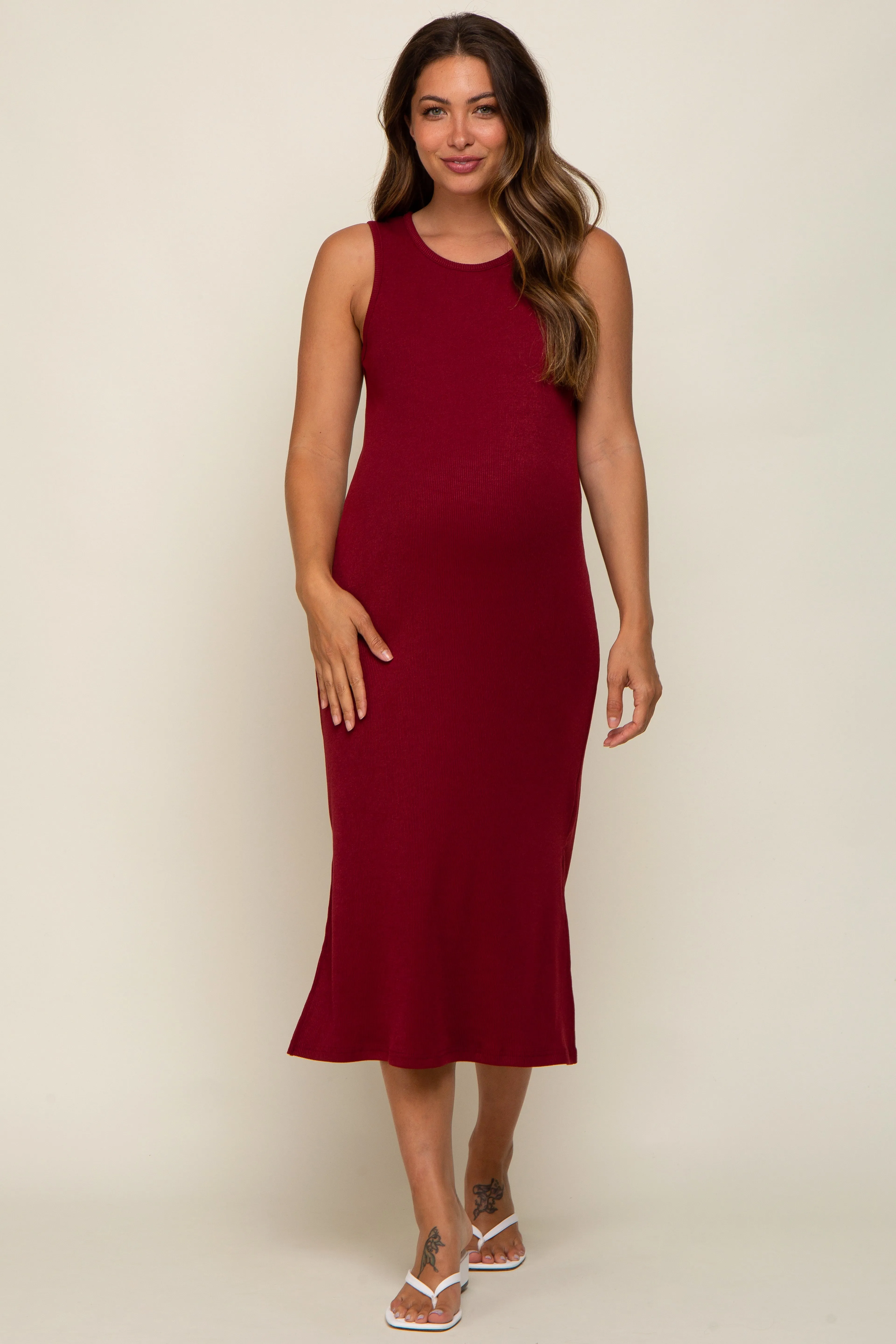 Burgundy Basic Ribbed Side Slit Maternity Midi Dress sold by Pinkblush product image thumbnail 2